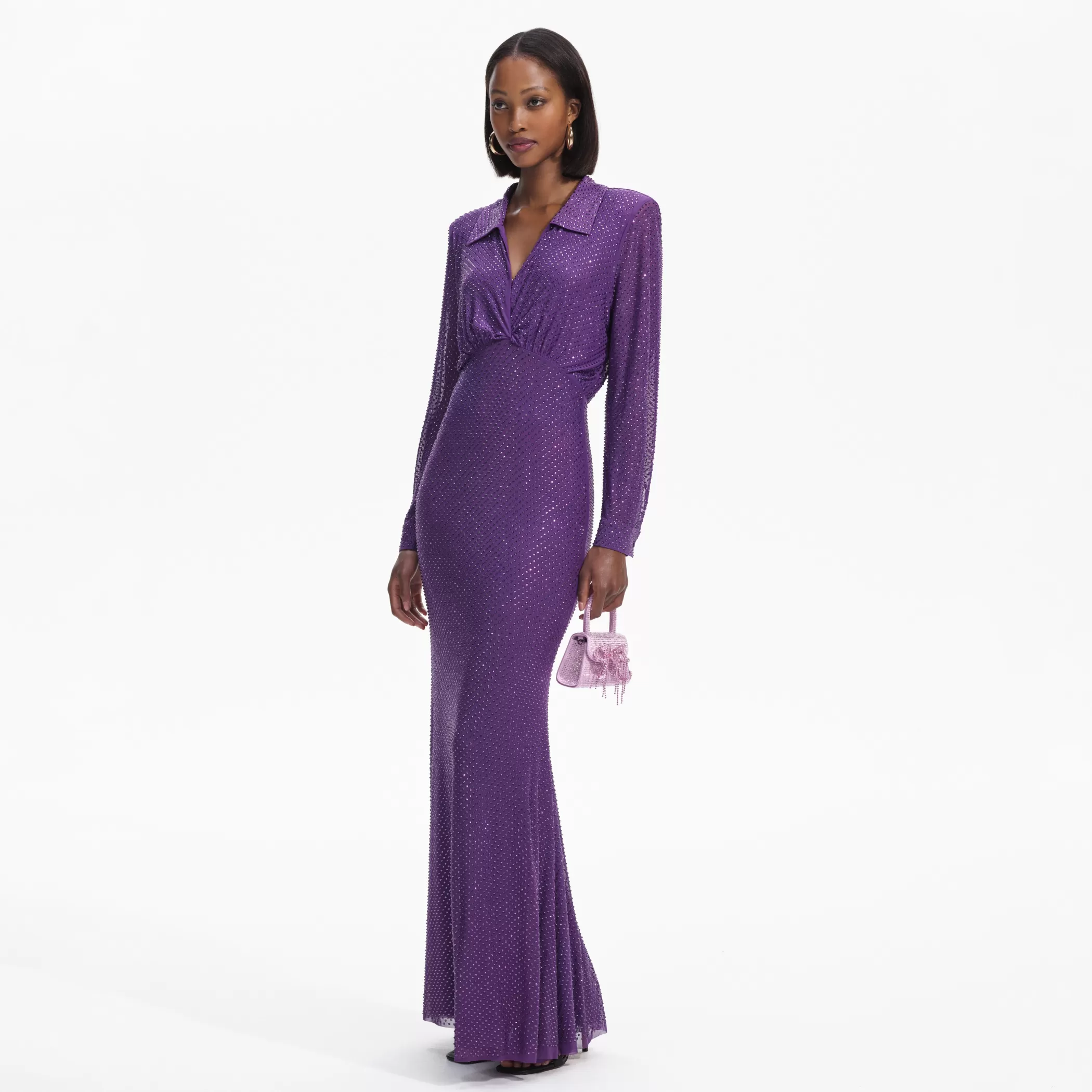 Self-Portrait > Purple Rhinestone Mesh Maxi Dress