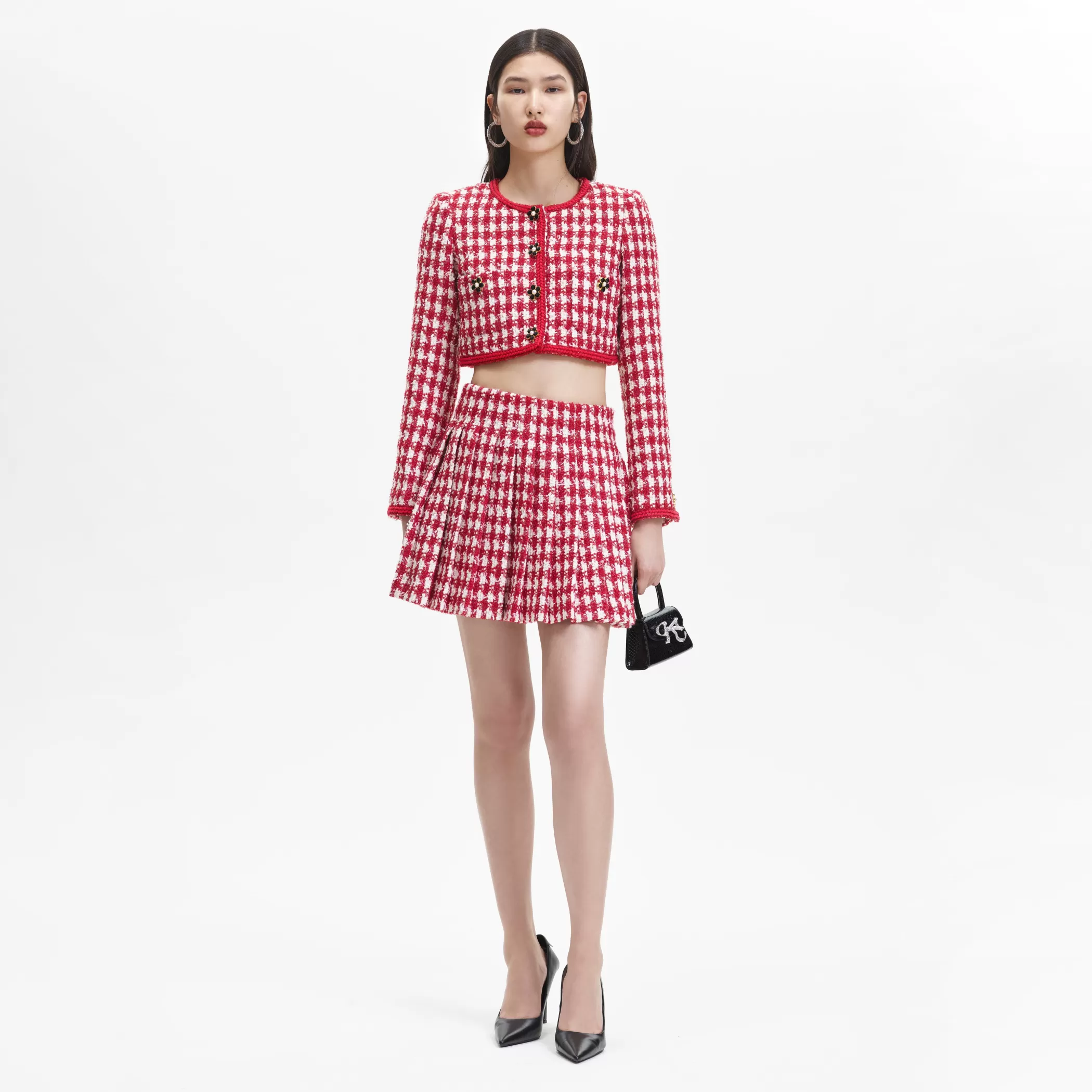 Self-Portrait > Red Check Boucle Pleated Mini Skirt