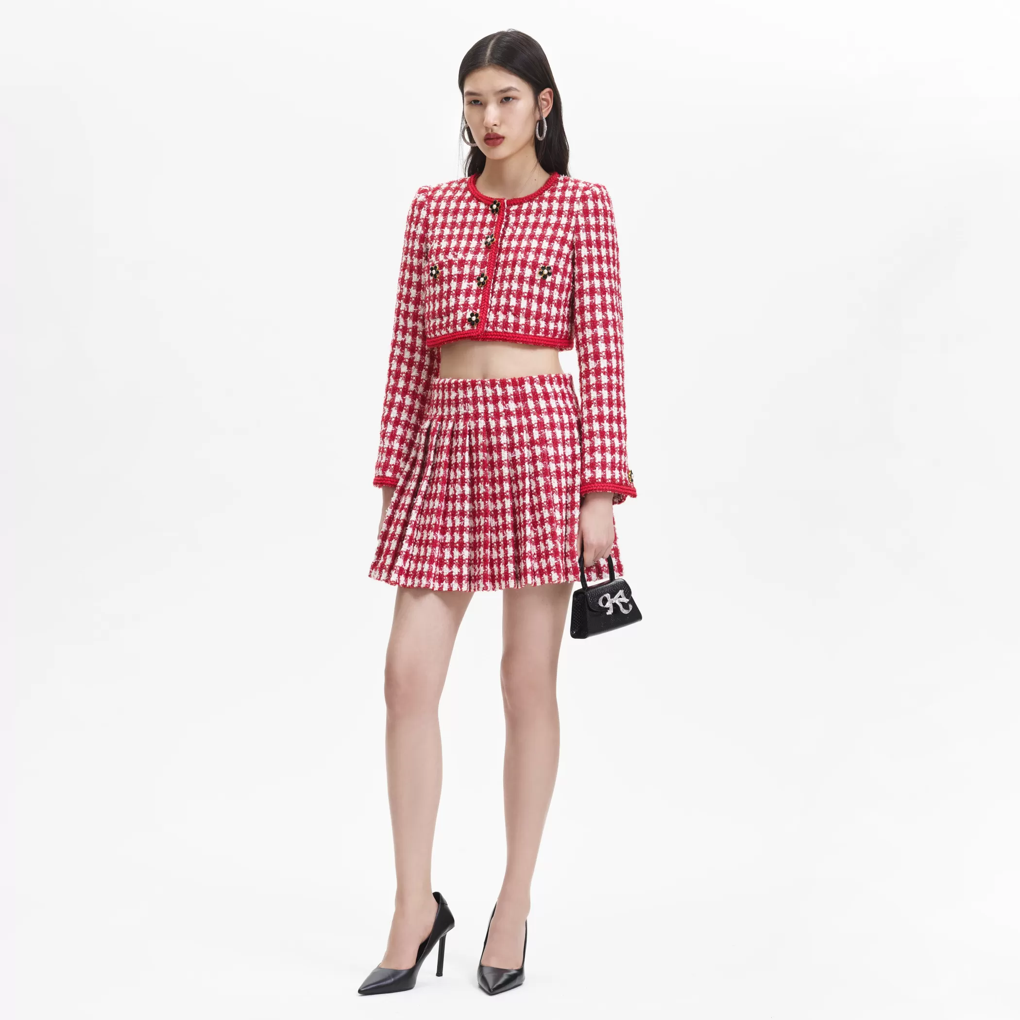 Self-Portrait > Red Check Boucle Pleated Mini Skirt