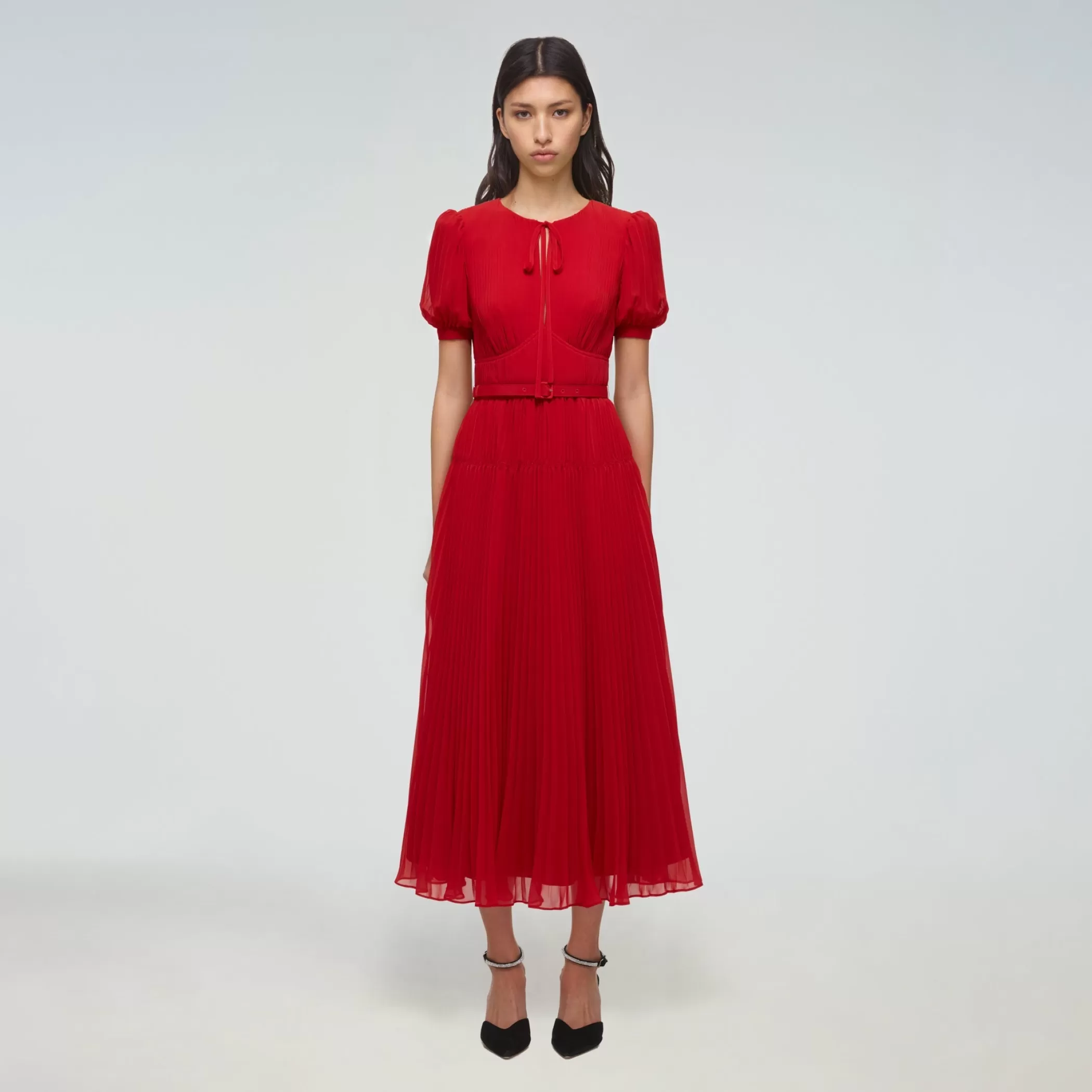 Self-Portrait > Red Chiffon Midi Dress