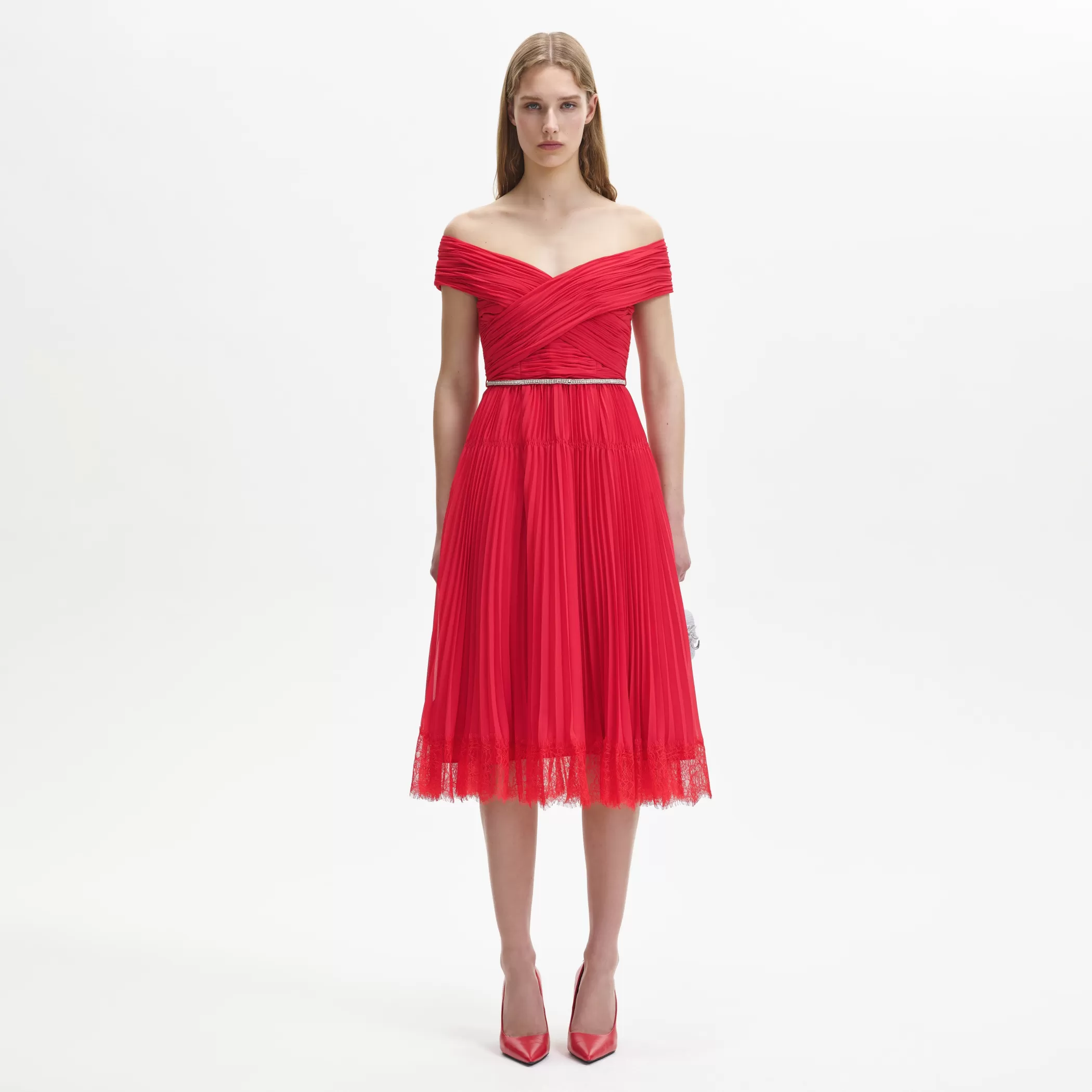 Self-Portrait > Red Chiffon Off Shoulder Midi Dress