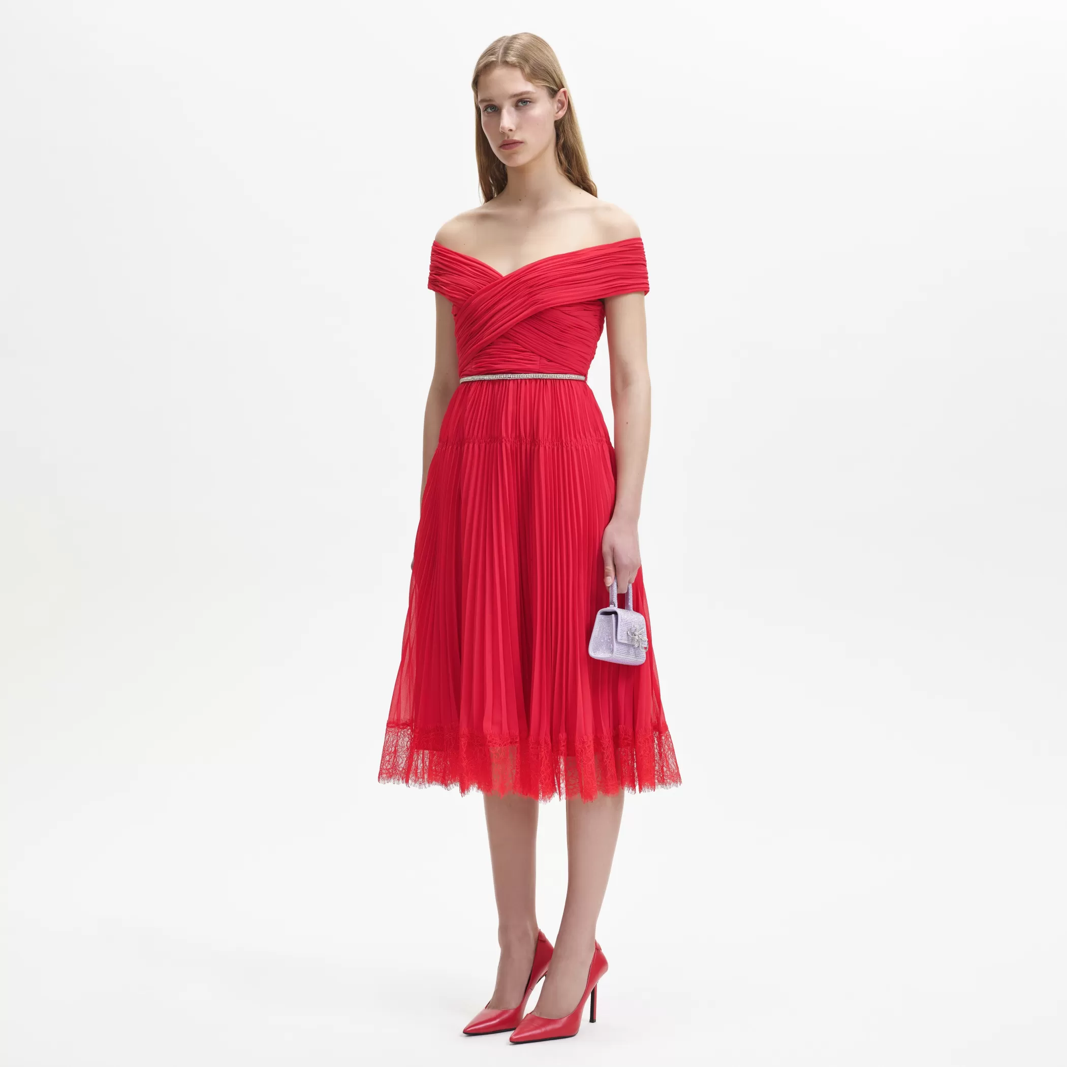 Self-Portrait > Red Chiffon Off Shoulder Midi Dress