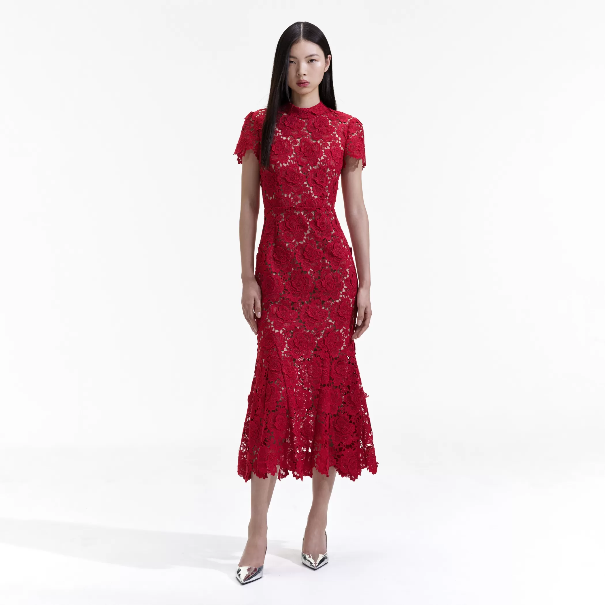 Self-Portrait > Red Flower Lace Midi Dress