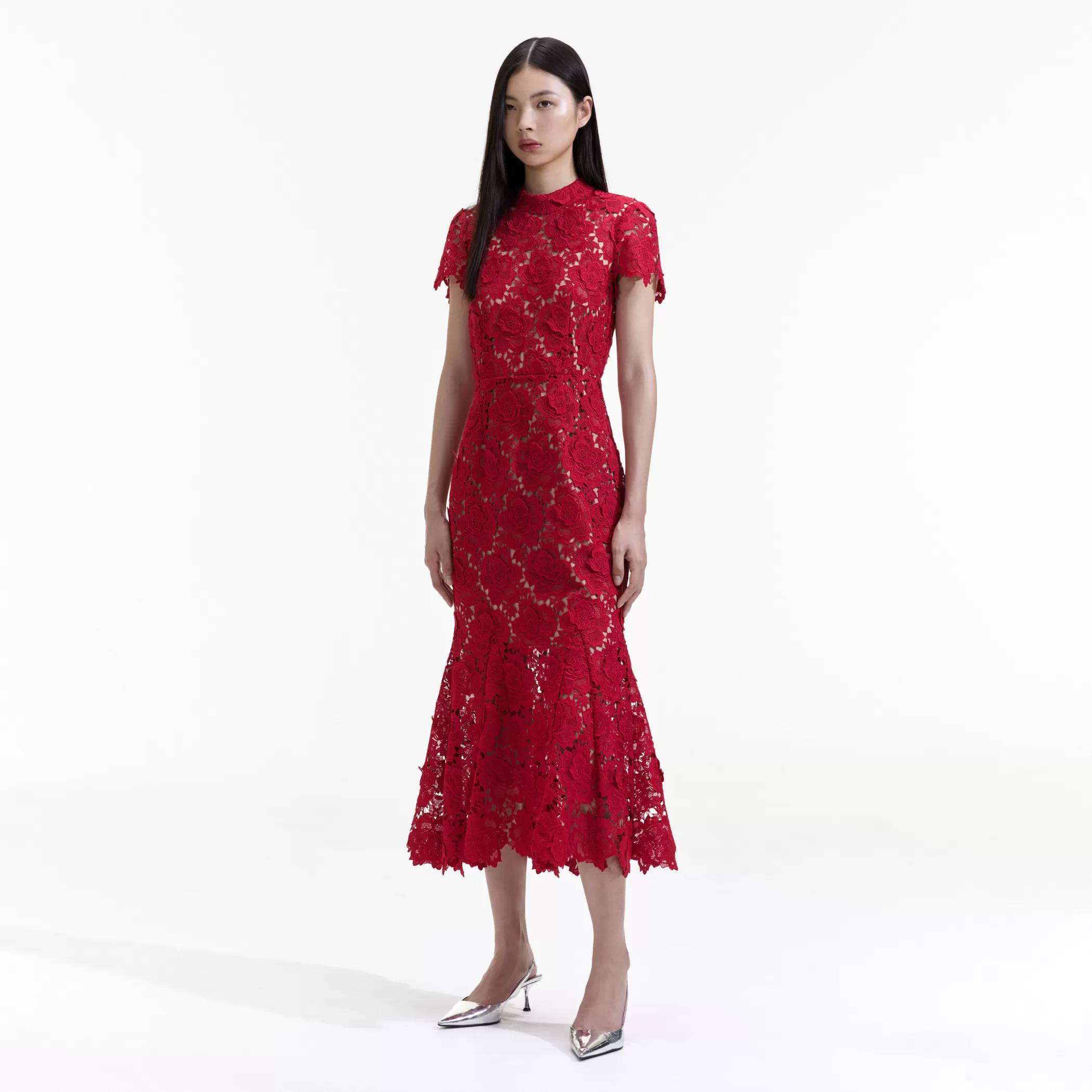 Self-Portrait > Red Flower Lace Midi Dress