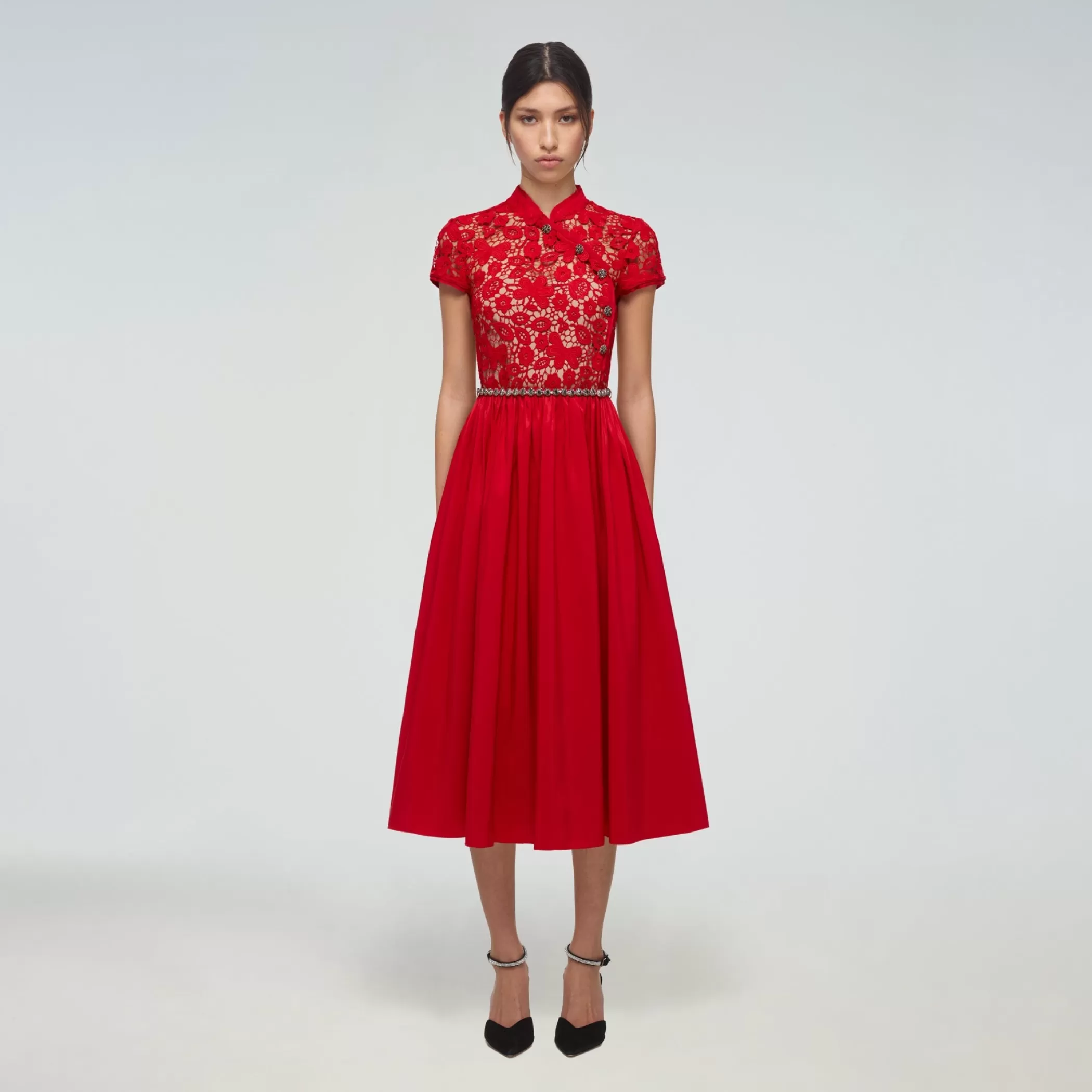 Self-Portrait > Red Guipure Lace and Taffeta Midi Dress