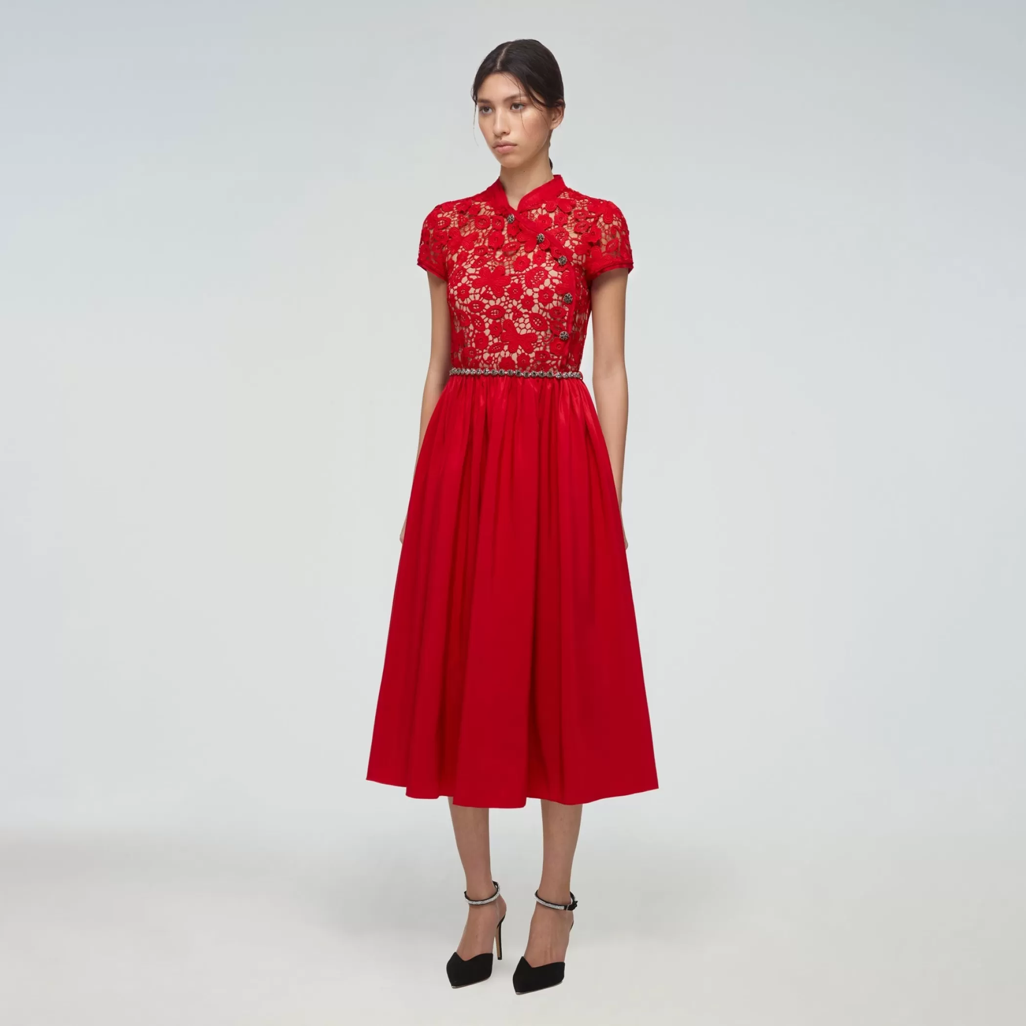 Self-Portrait > Red Guipure Lace and Taffeta Midi Dress