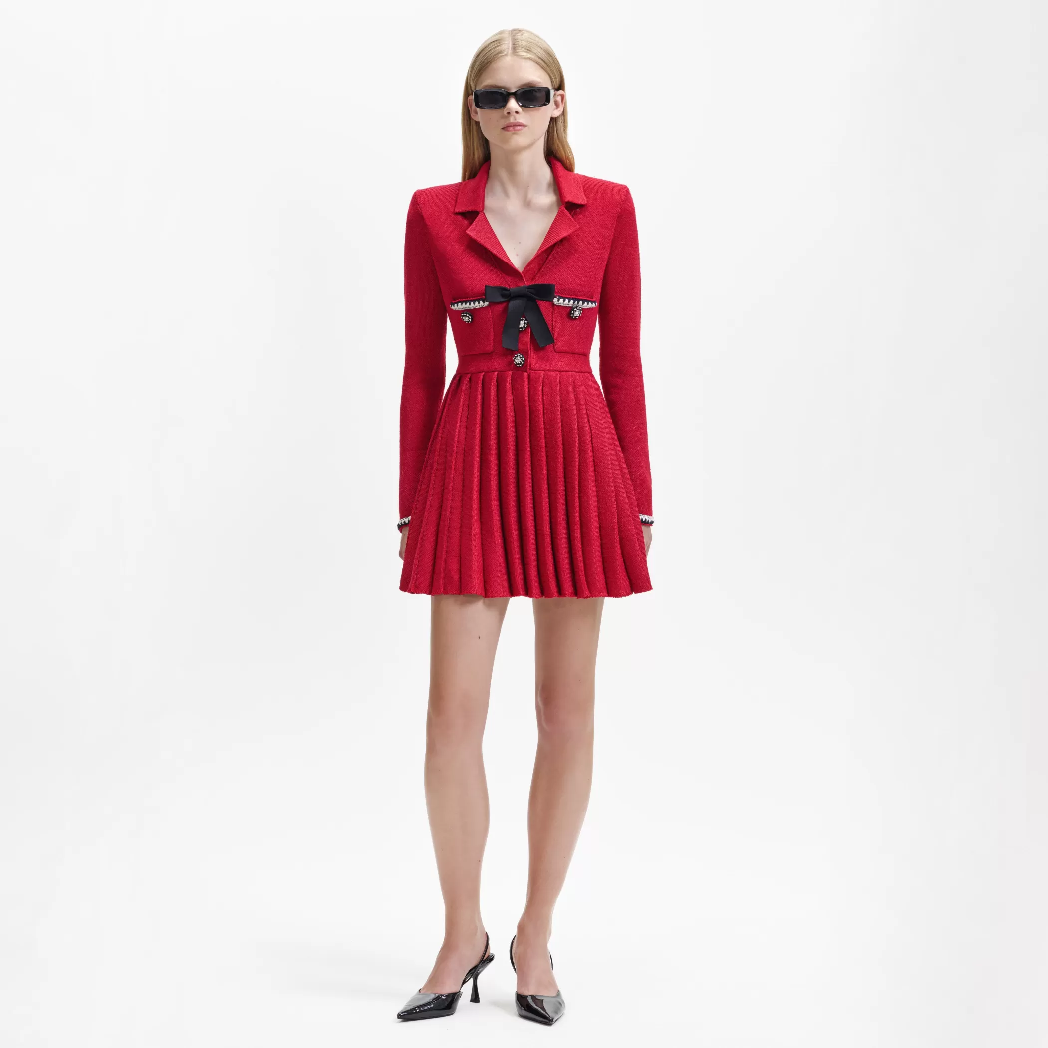 Self-Portrait > Red Knit Bow Mini Dress