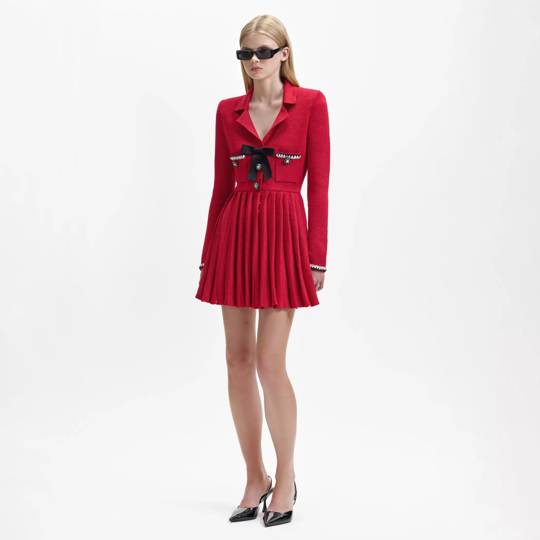 Self-Portrait > Red Knit Bow Mini Dress