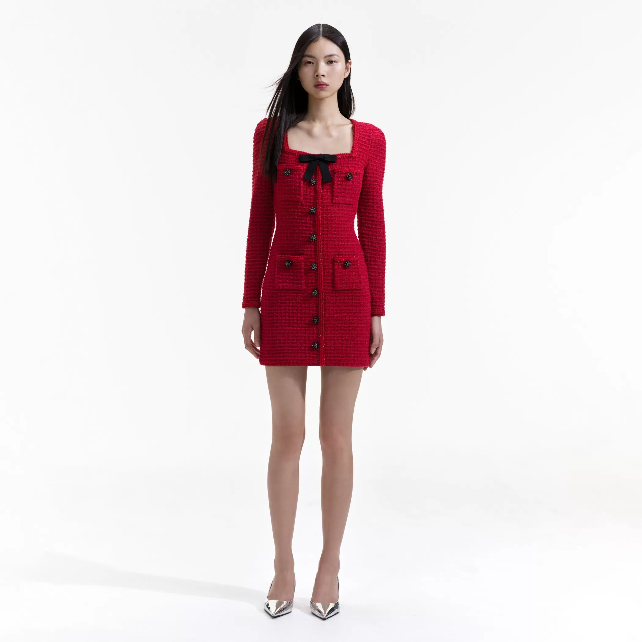 Self-Portrait > Red Knit Bow Round Neck Mini Dress