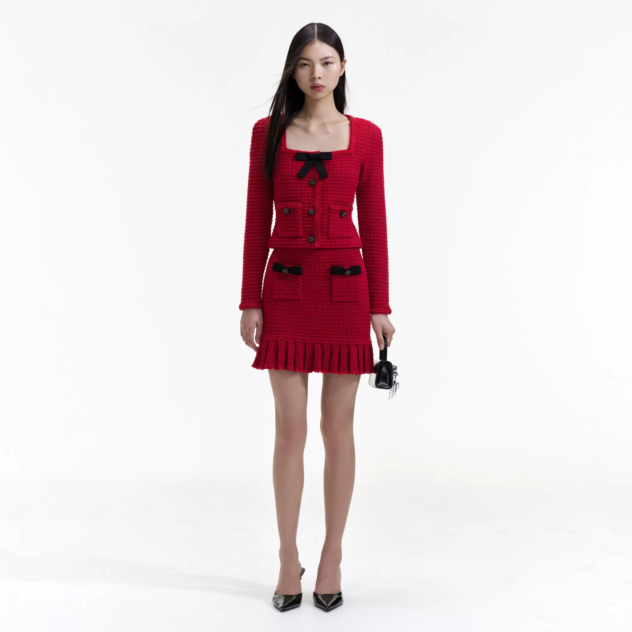 Self-Portrait > Red Knit Bow Top