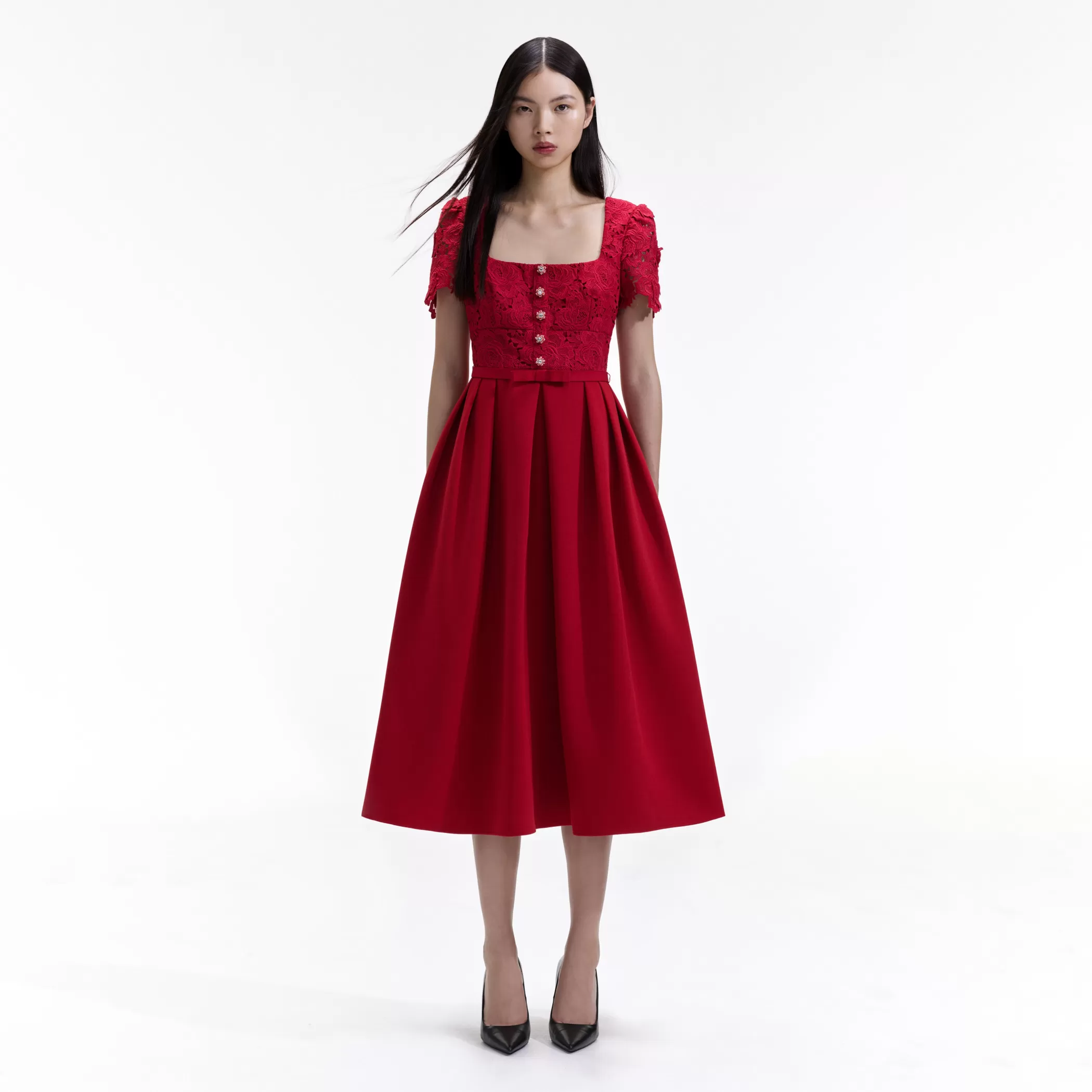 Self-Portrait > Red Lace Crepe Midi Dress