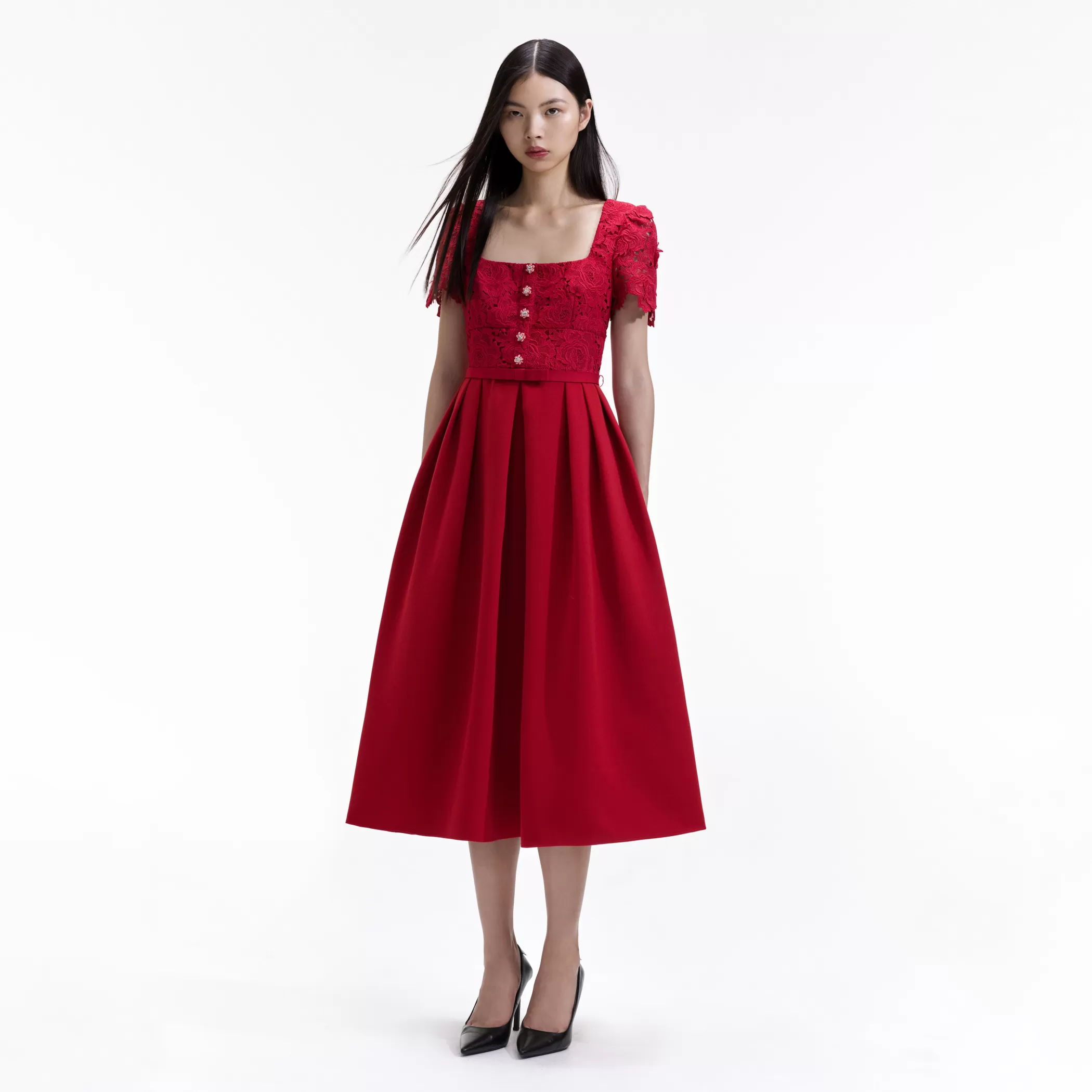 Self-Portrait > Red Lace Crepe Midi Dress