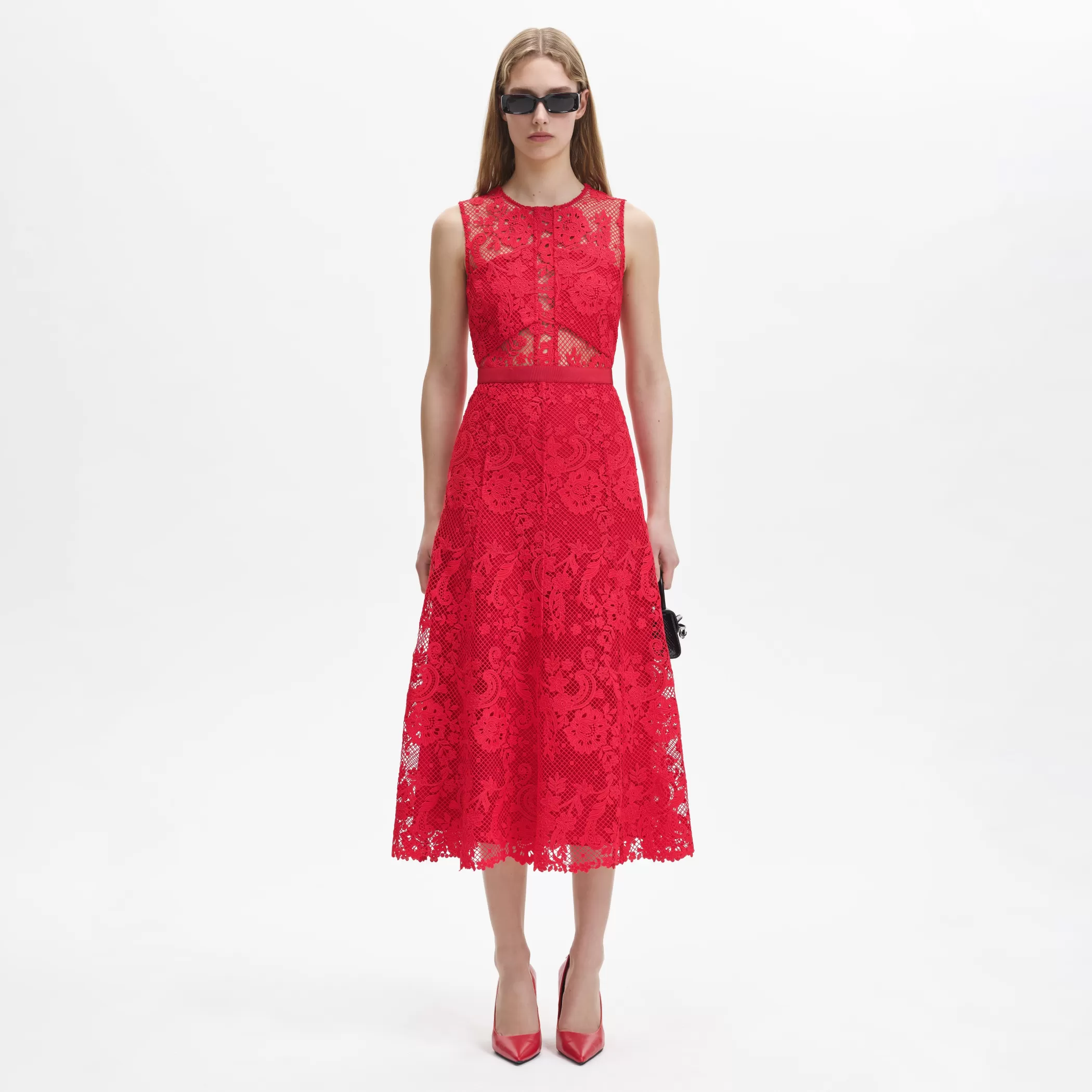 Self-Portrait > Red Lace High Neck Midi Dress