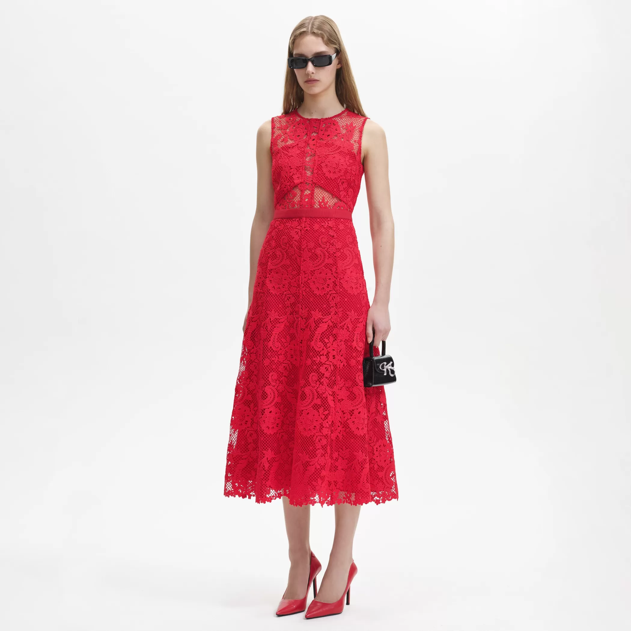 Self-Portrait > Red Lace High Neck Midi Dress