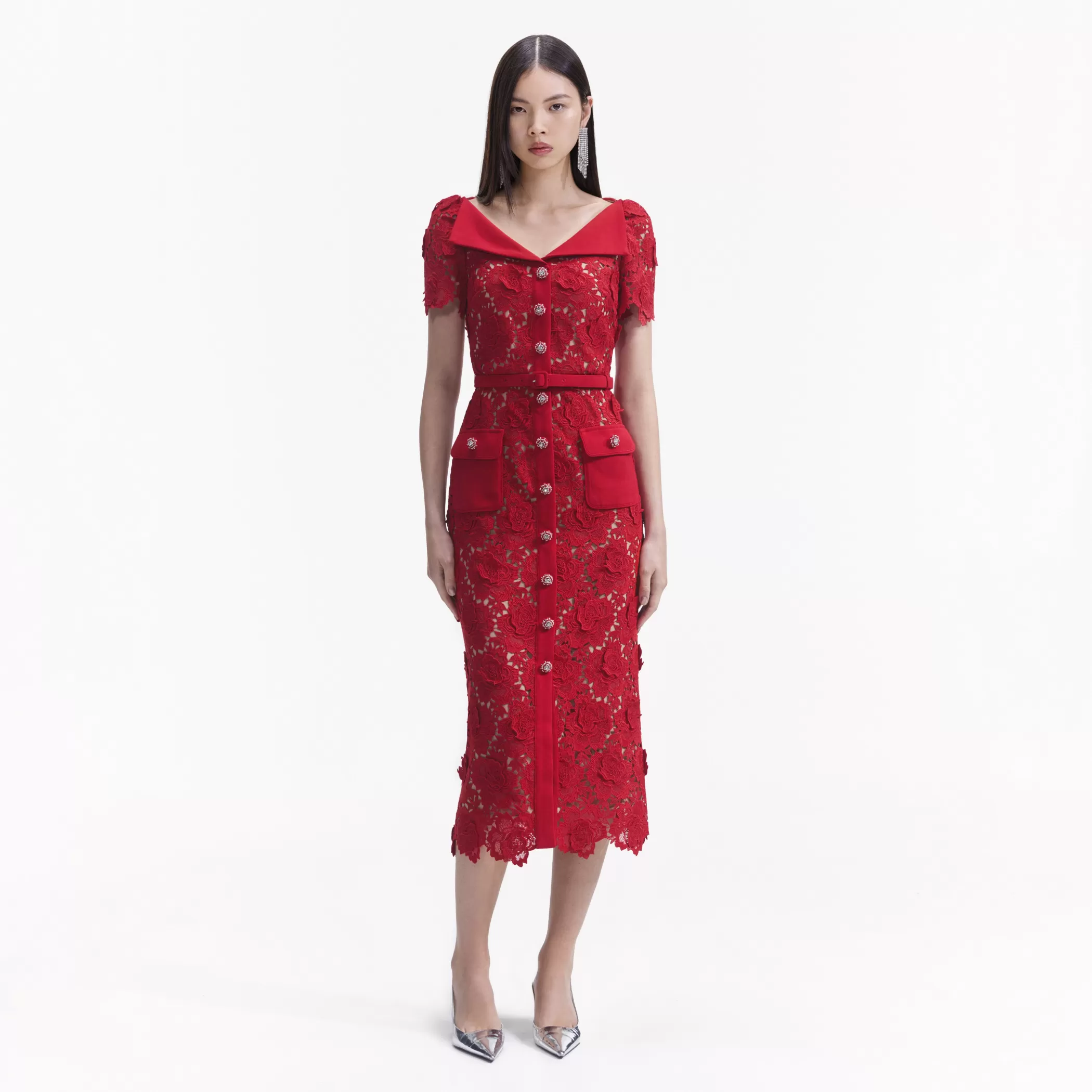 Self-Portrait > Red Lace Open Neck Midi Dress