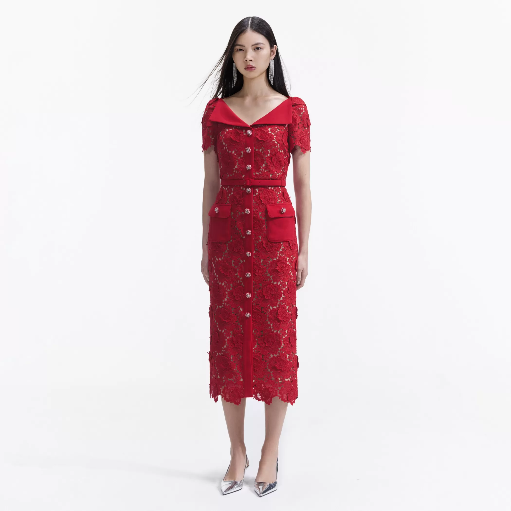 Self-Portrait > Red Lace Open Neck Midi Dress