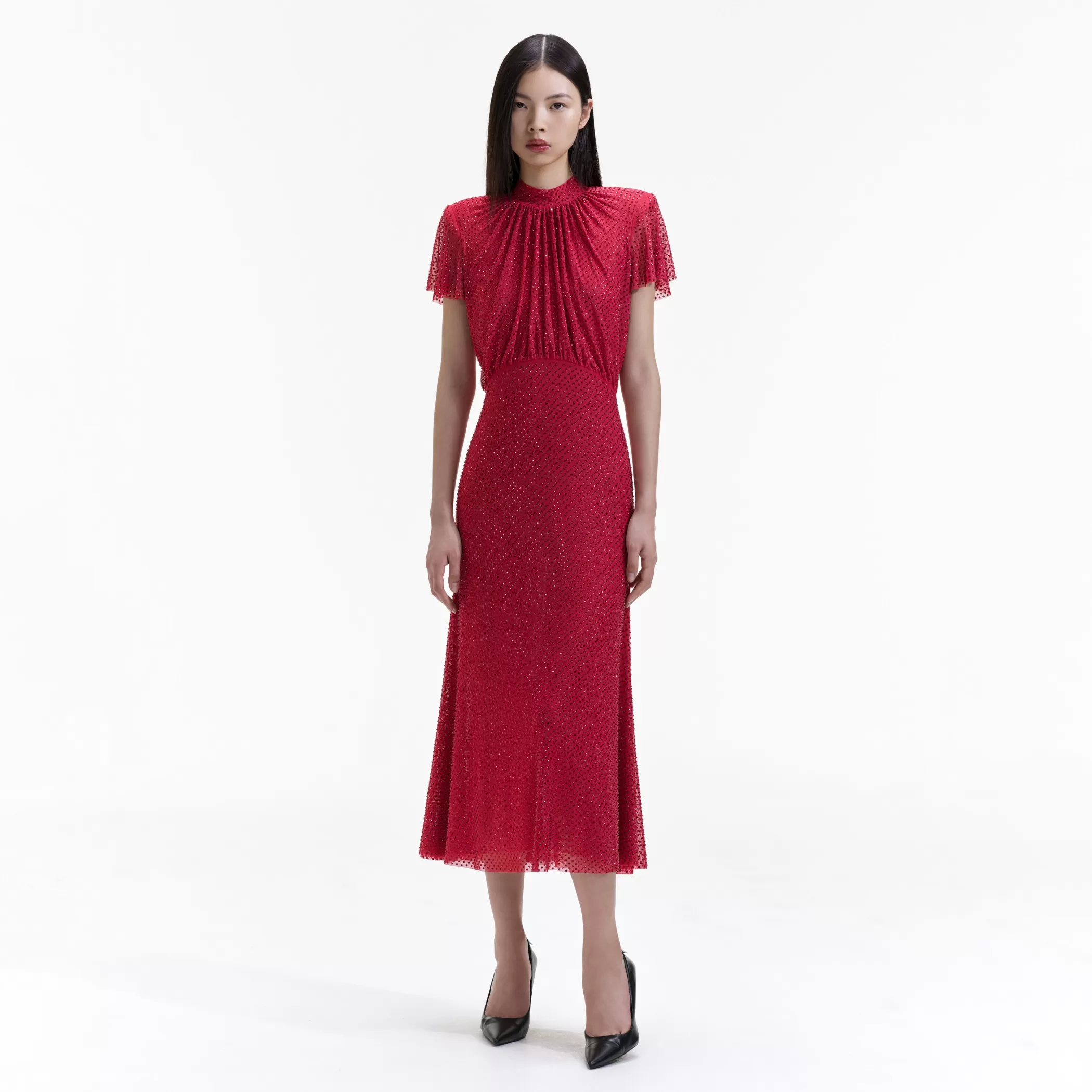 Self-Portrait > Red Rhinestone Mesh Midi Dress