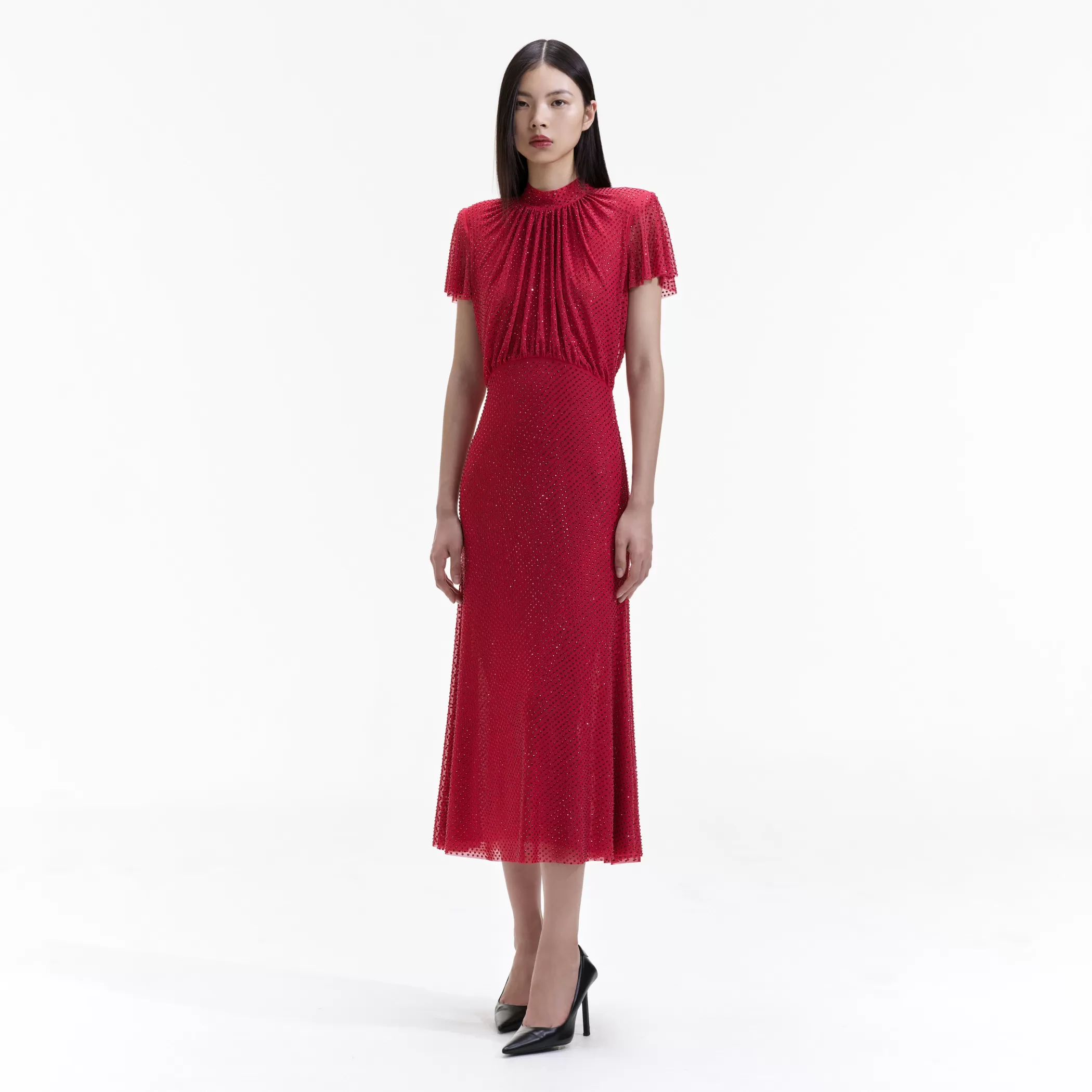 Self-Portrait > Red Rhinestone Mesh Midi Dress