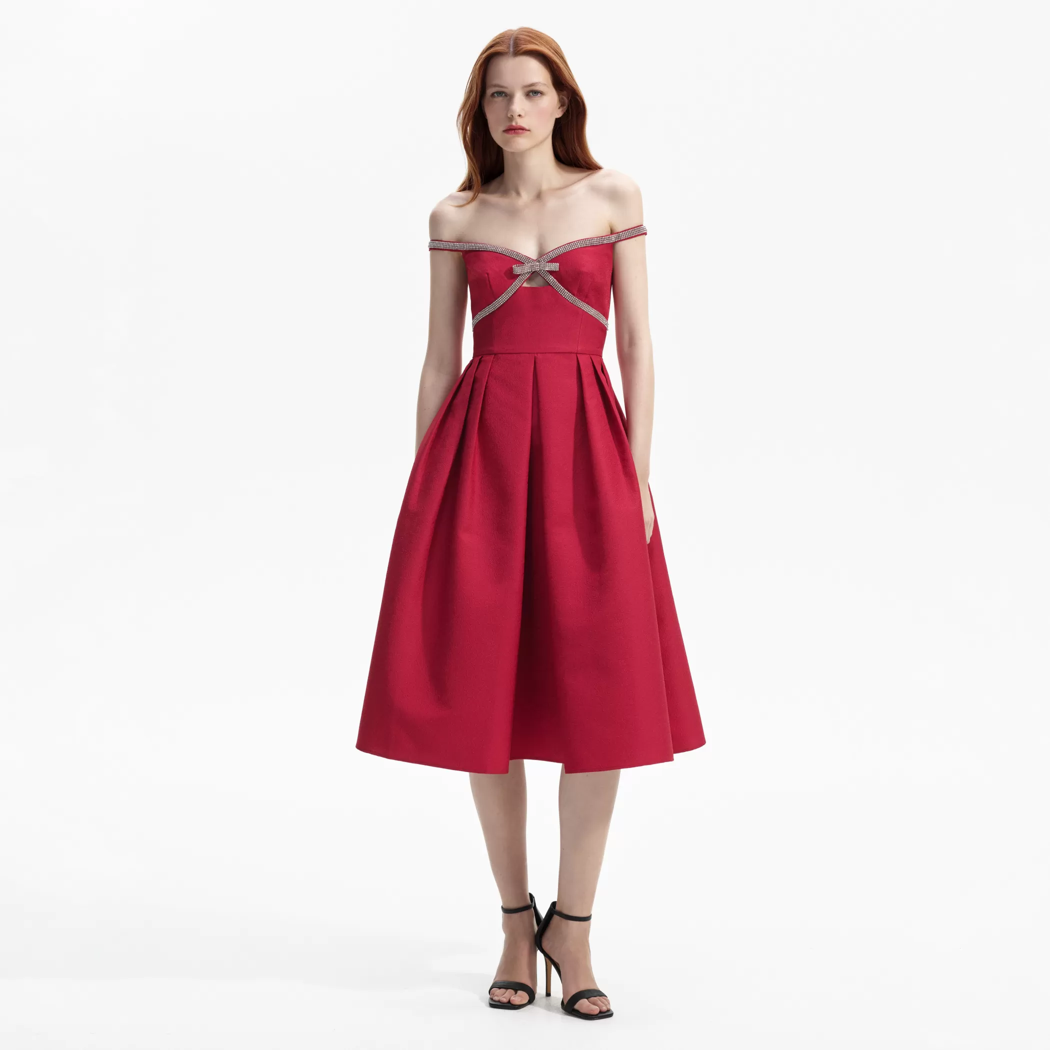 Self-Portrait > Red Textured Diamante Midi Dress