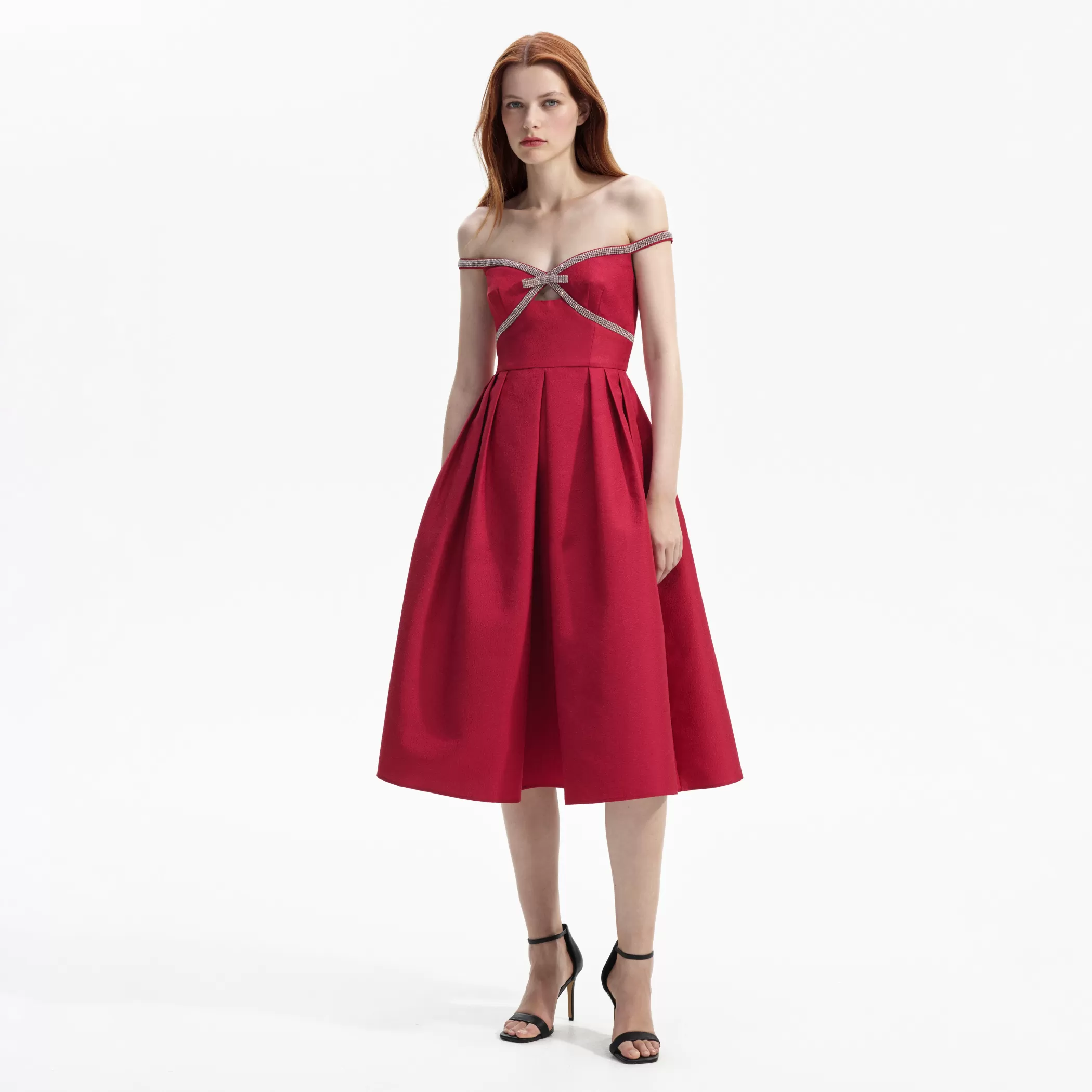 Self-Portrait > Red Textured Diamante Midi Dress