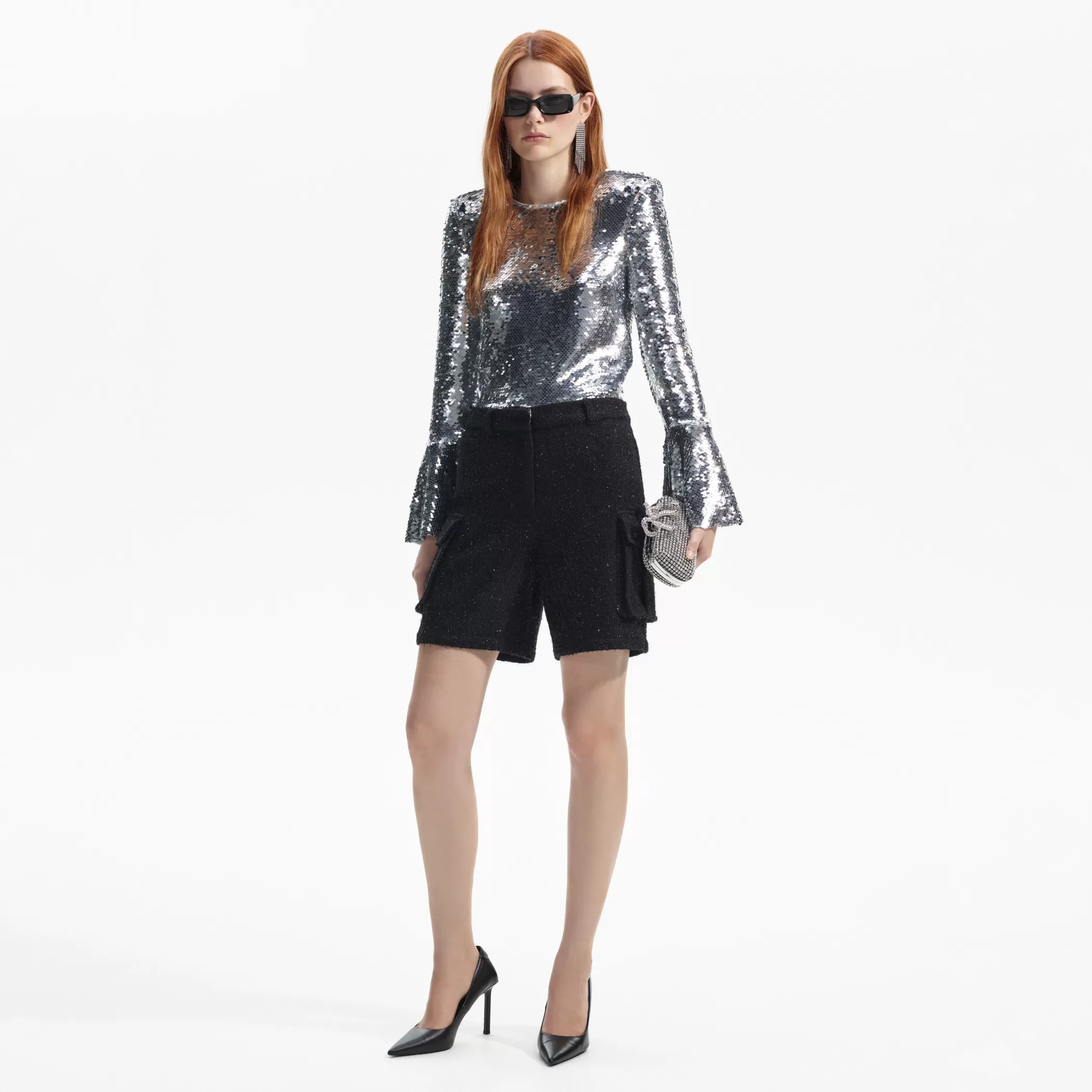 Self-Portrait > Silver Sequin Flared Sleeve Top