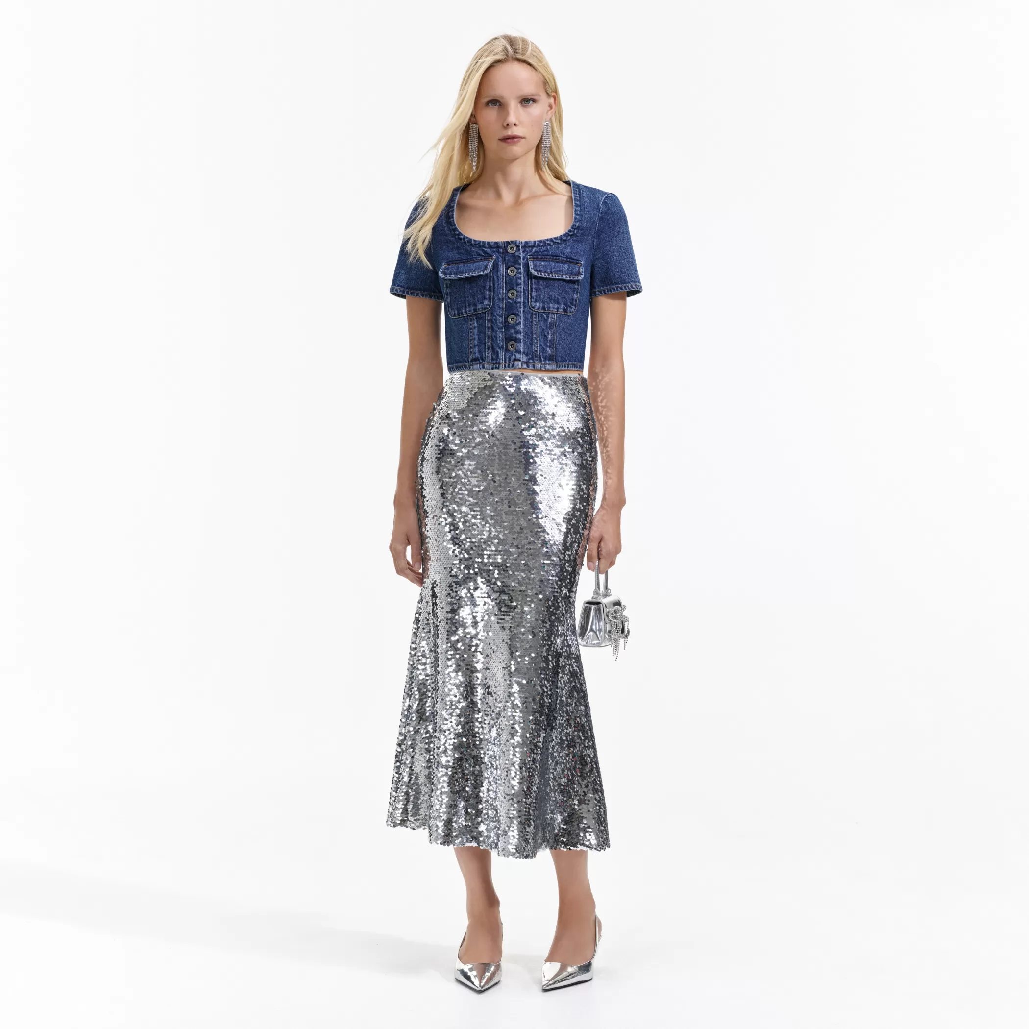 Self-Portrait > Silver Sequin Maxi Skirt