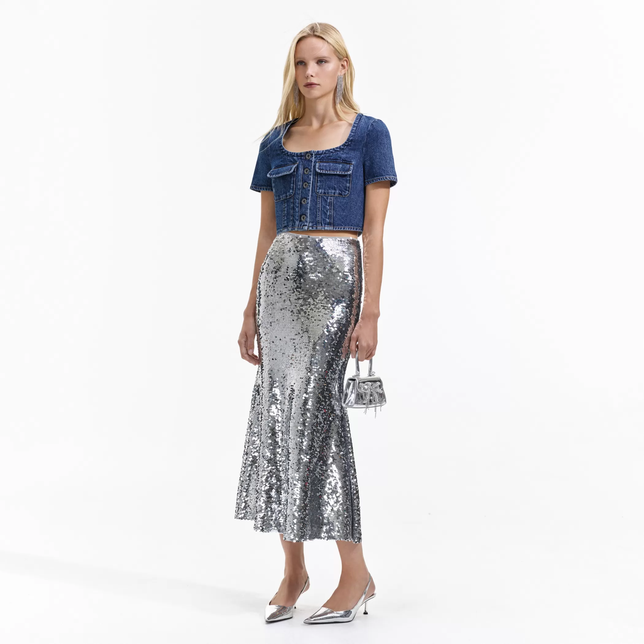 Self-Portrait > Silver Sequin Maxi Skirt