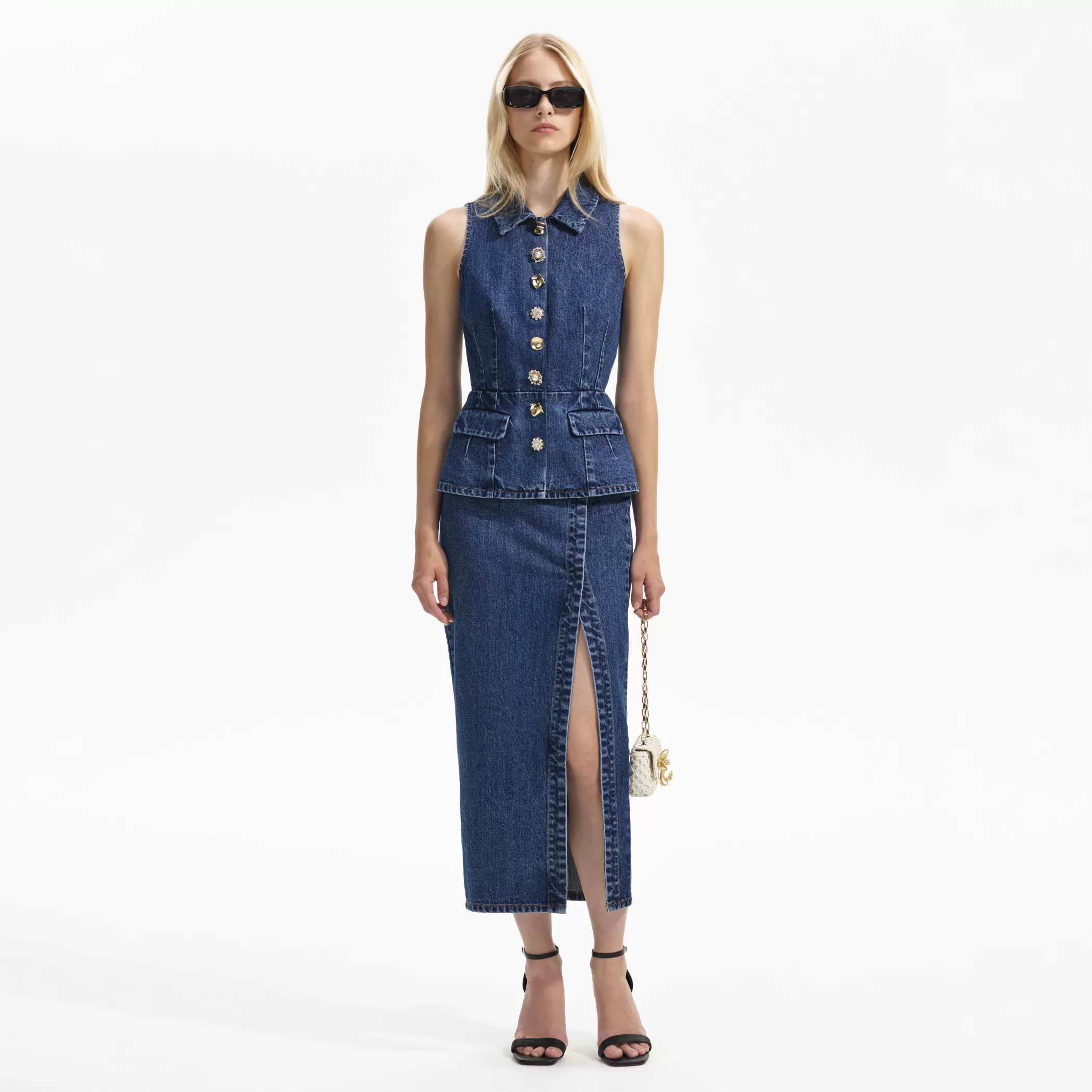 Self-Portrait > Sleeveless Denim Midi Dress