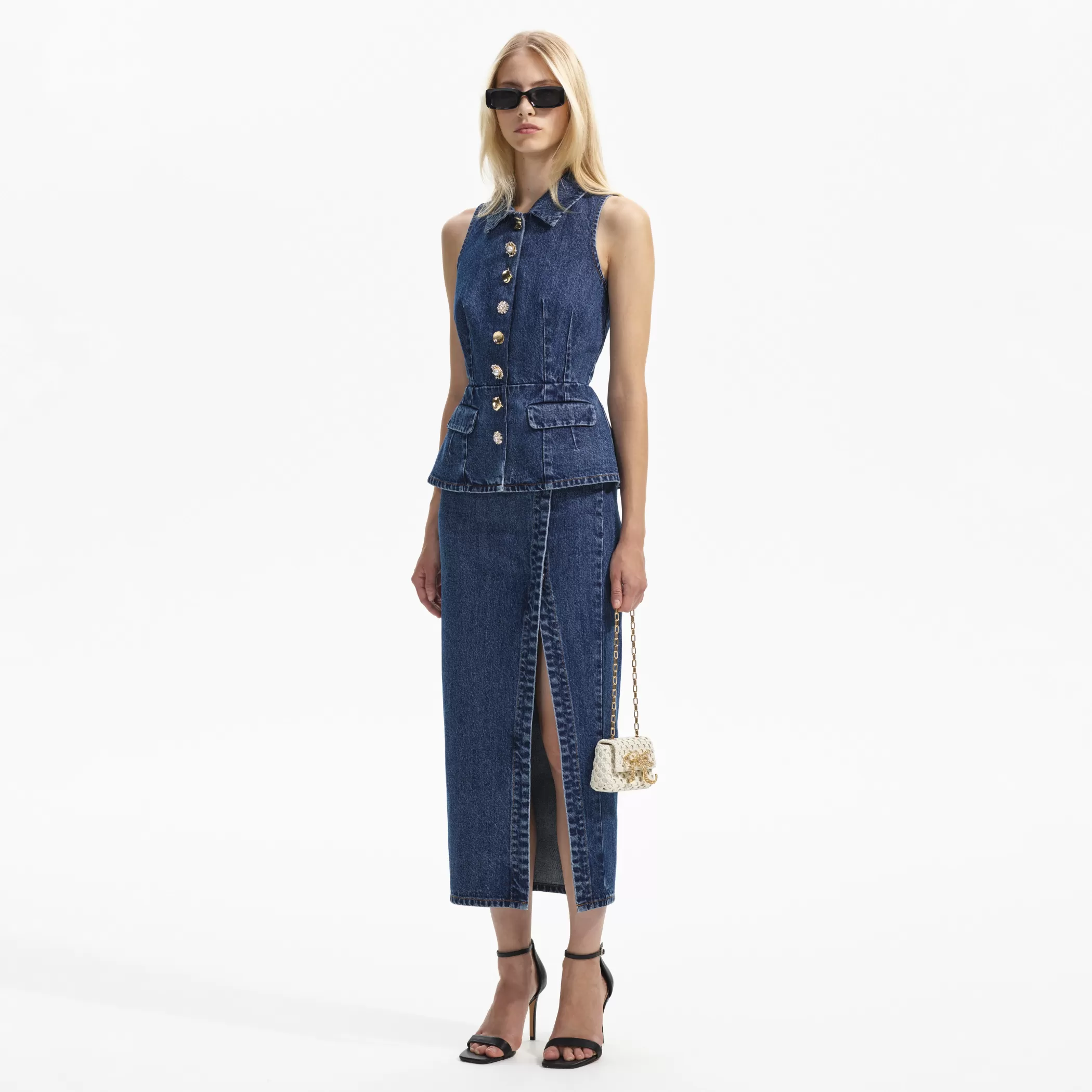 Self-Portrait > Sleeveless Denim Midi Dress