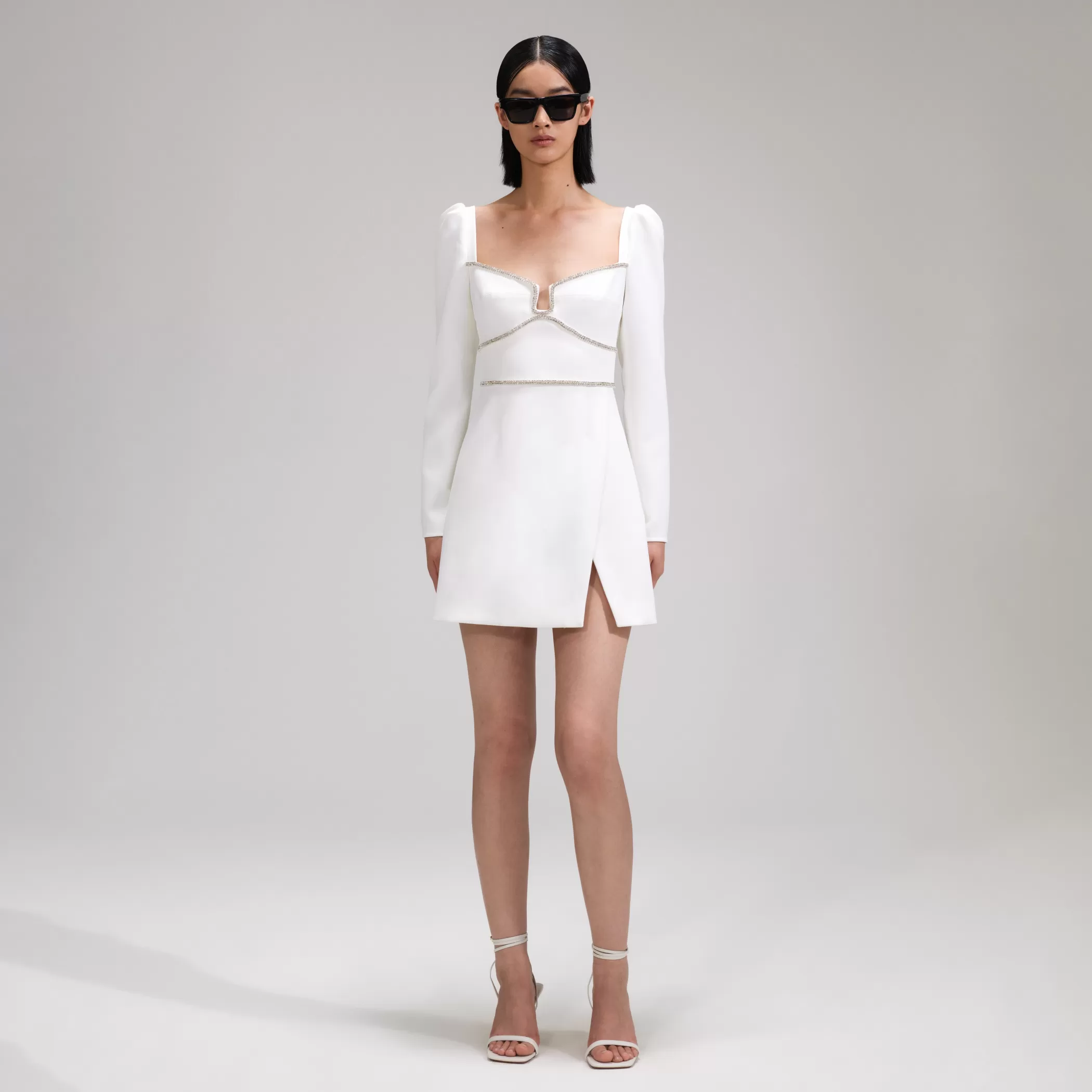 Self-Portrait > White Crepe Rhinestone Detail Mini Dress