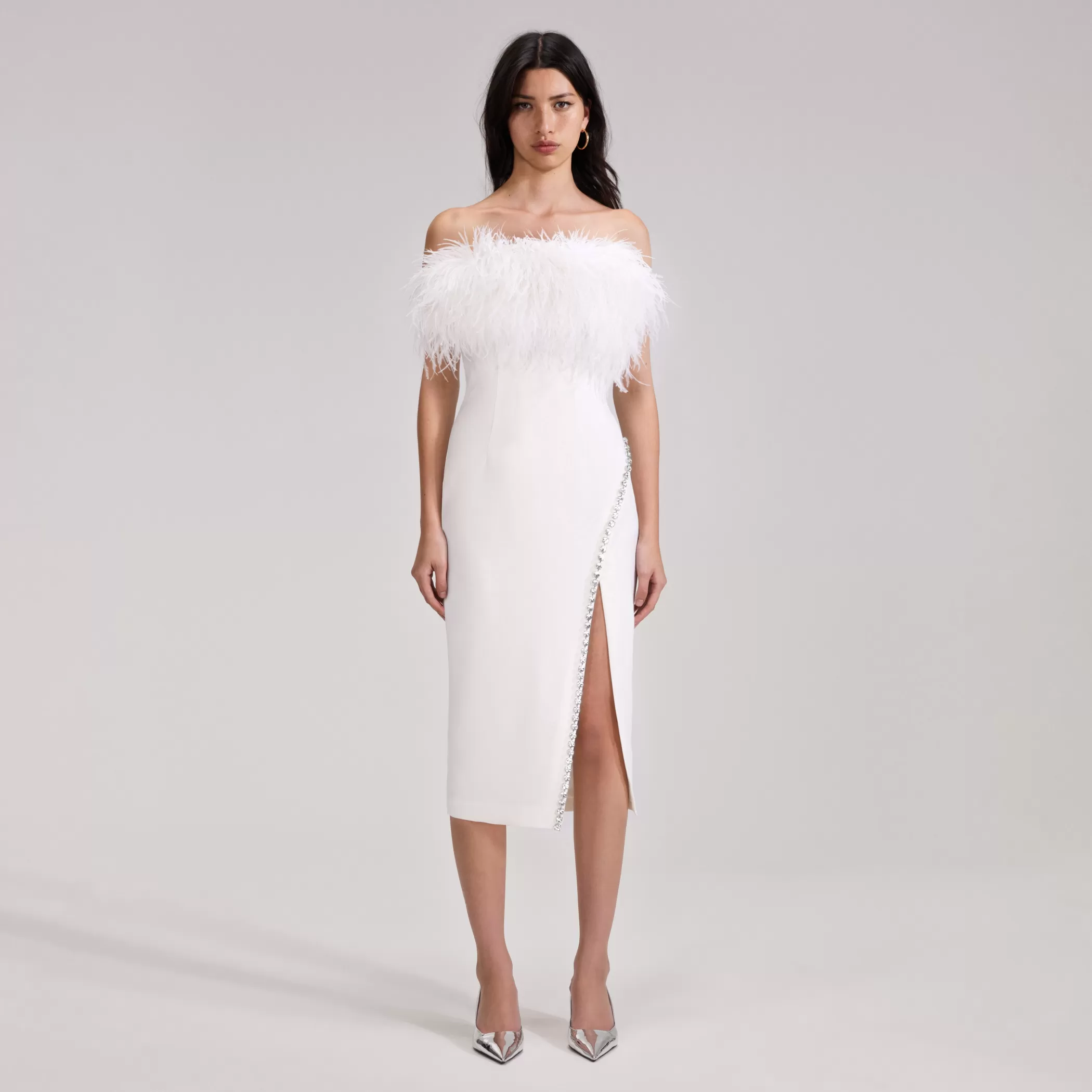 Self-Portrait > White Feather Midi Dress