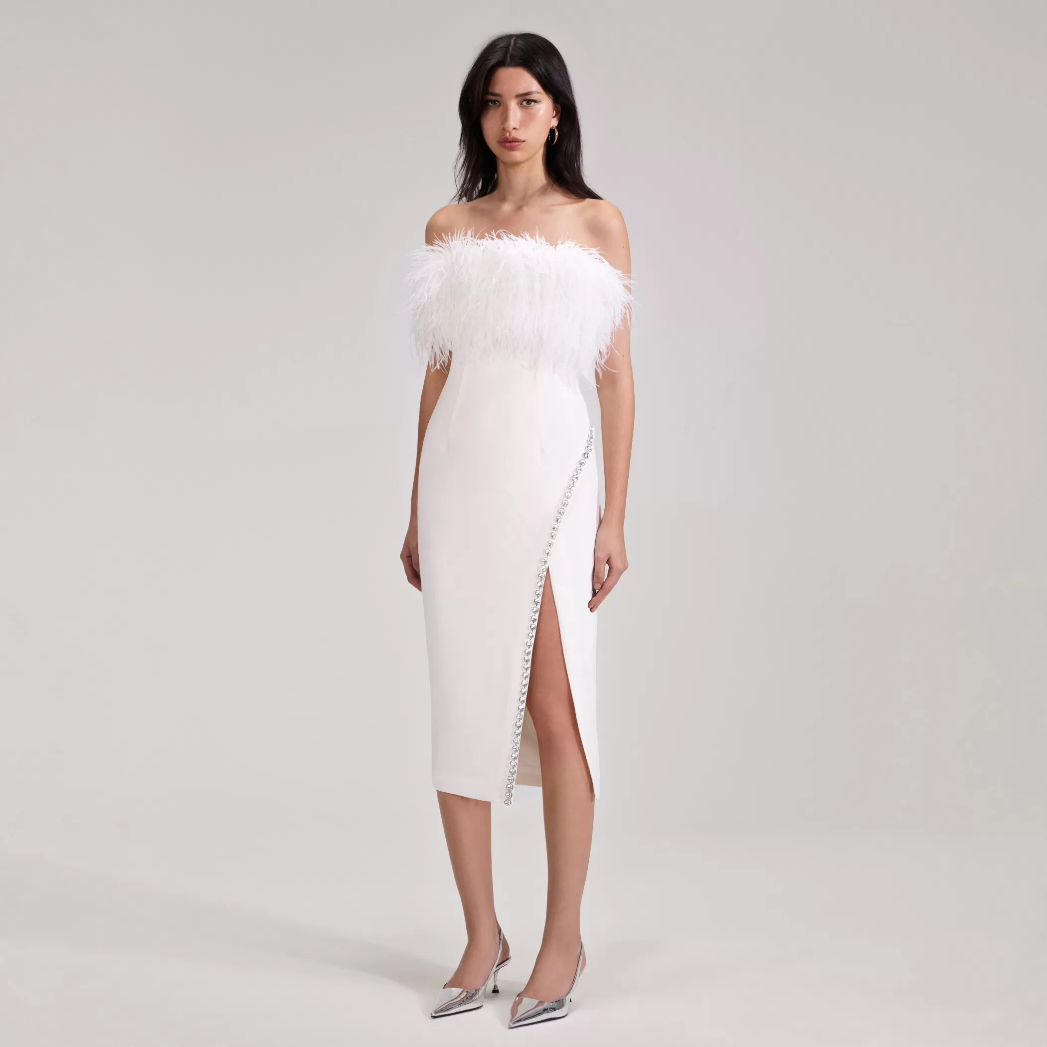 Self-Portrait > White Feather Midi Dress