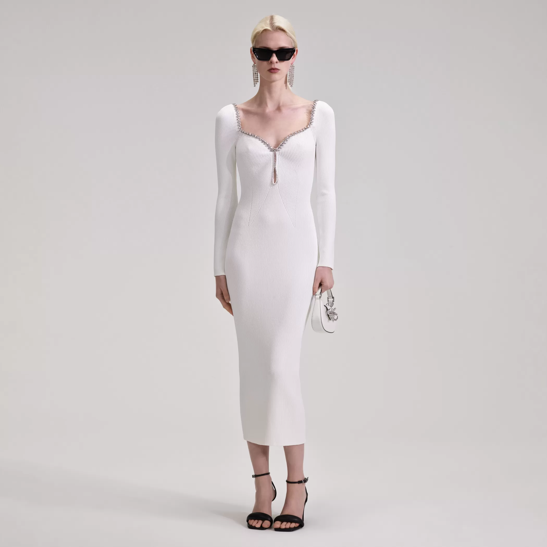 Self-Portrait > White Knit Diamante Midi Dress