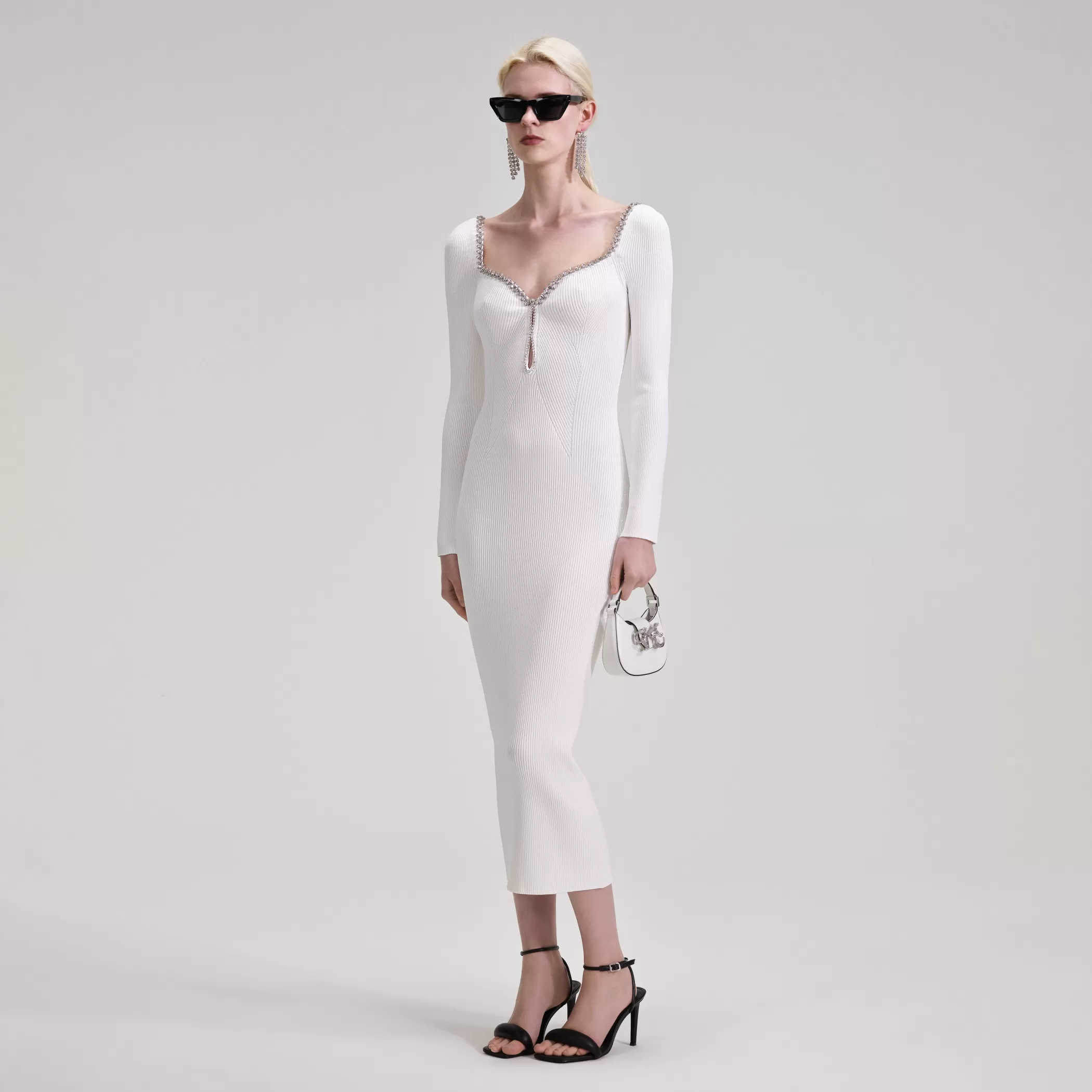 Self-Portrait > White Knit Diamante Midi Dress