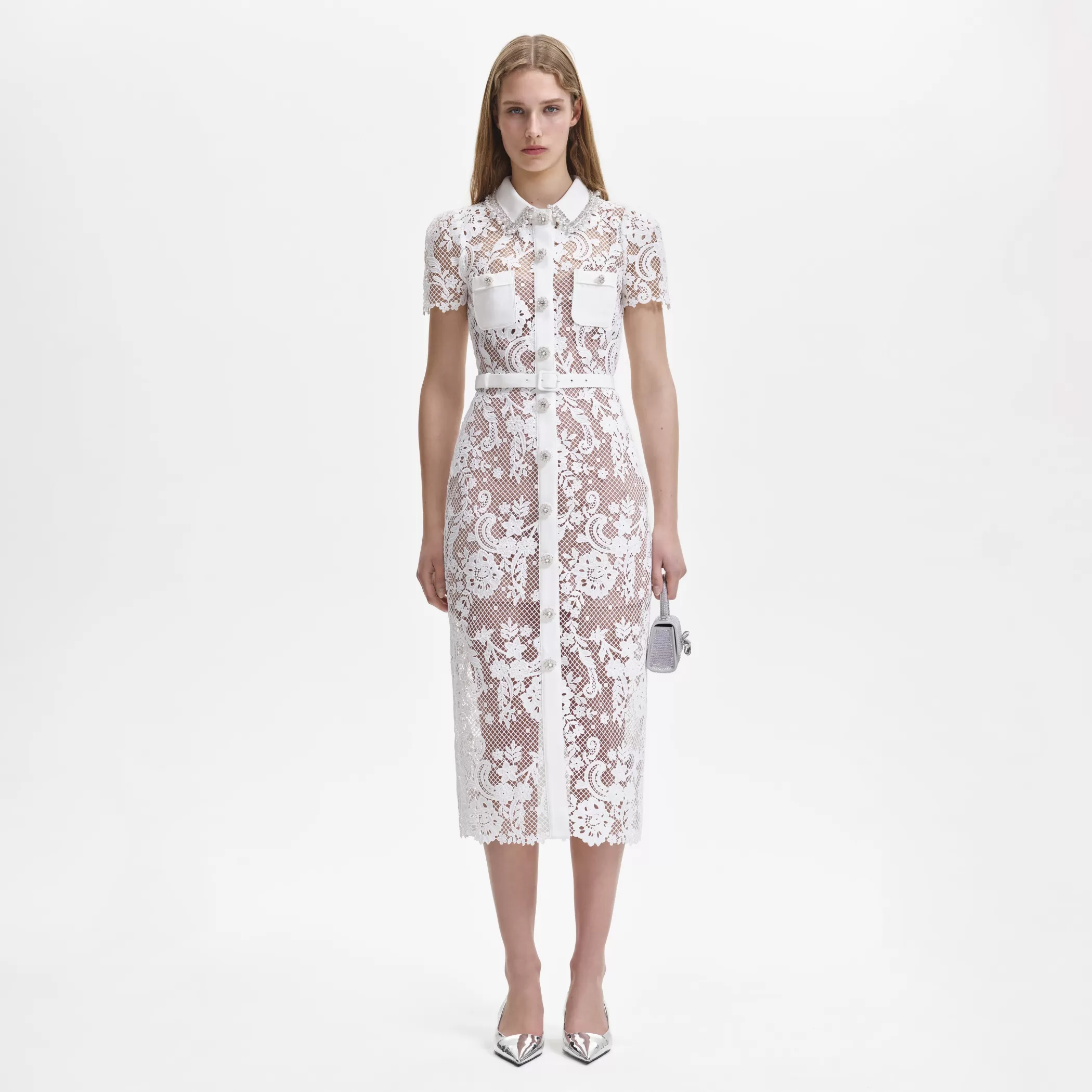 Self-Portrait > White Lace Button Front Midi Dress