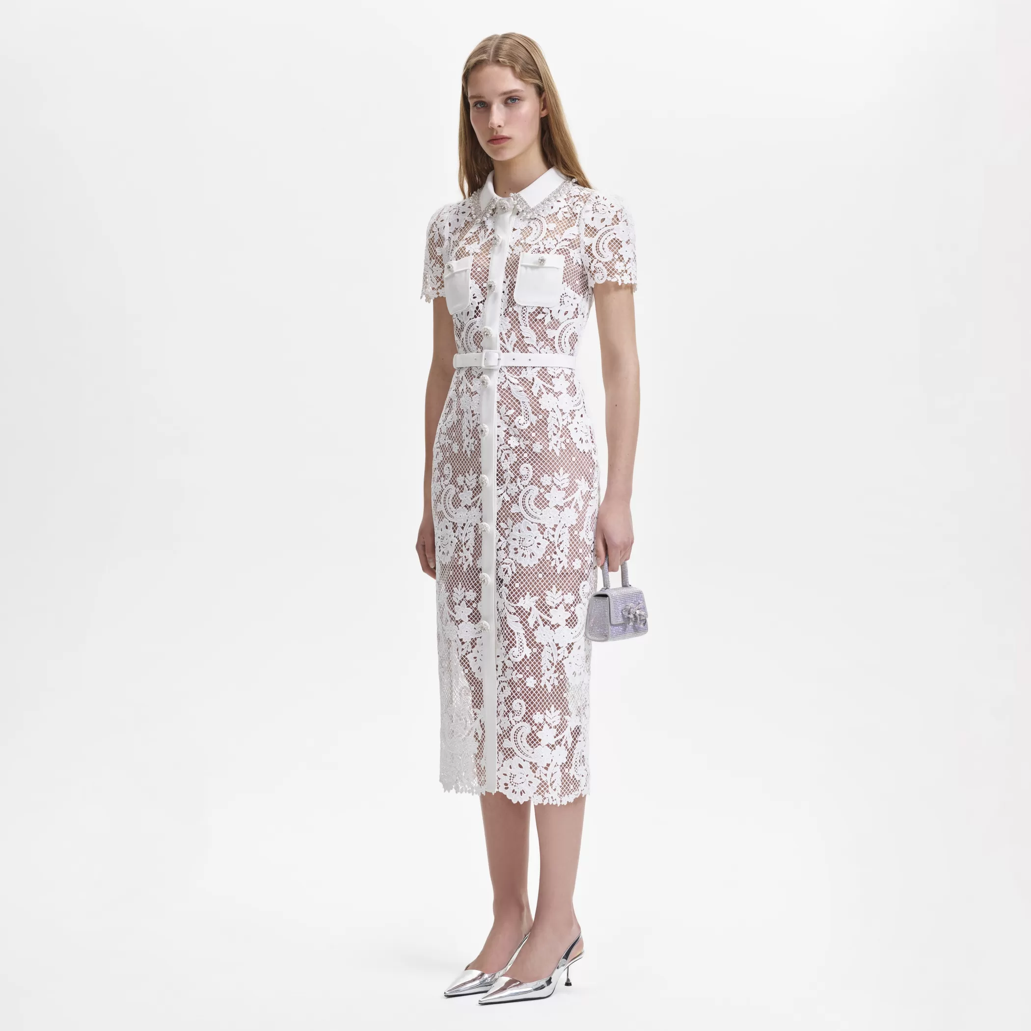 Self-Portrait > White Lace Button Front Midi Dress