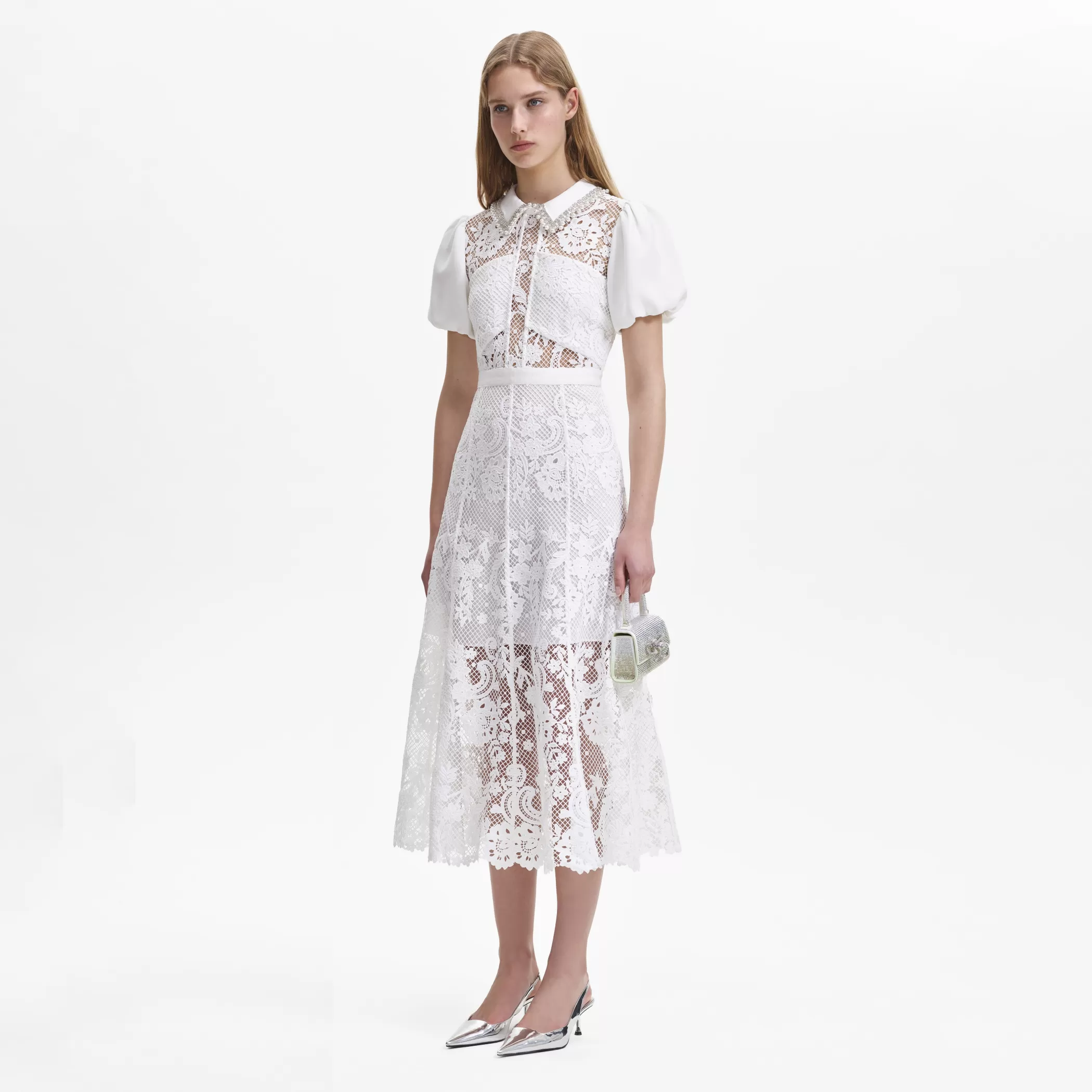 Self-Portrait > White Lace Diamante Collar Midi Dress