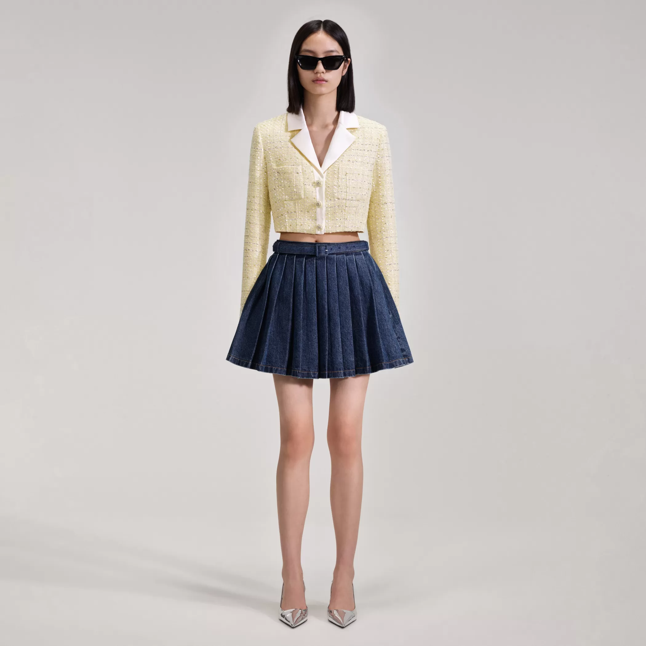 Self-Portrait > Yellow Boucle Cropped Jacket