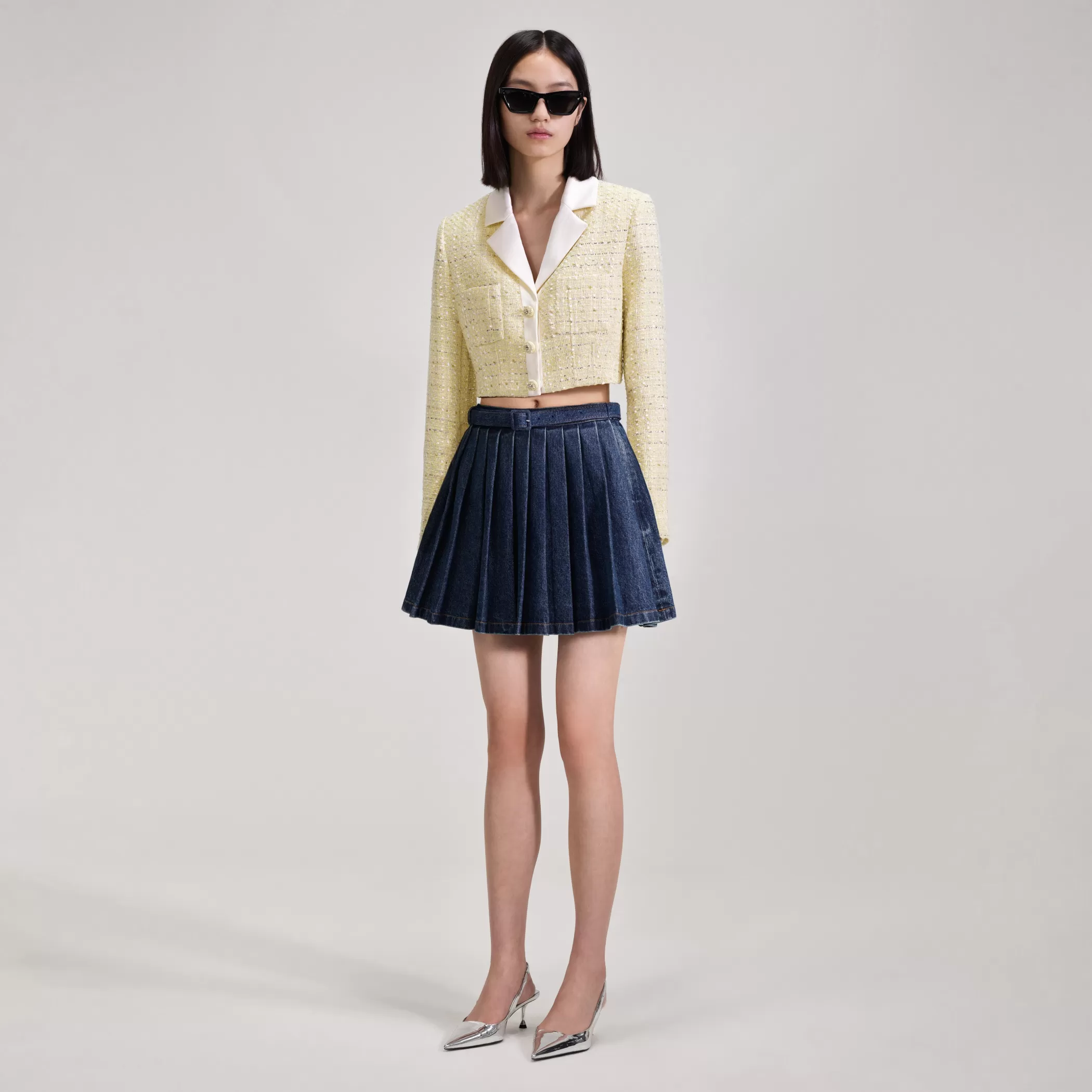 Self-Portrait > Yellow Boucle Cropped Jacket