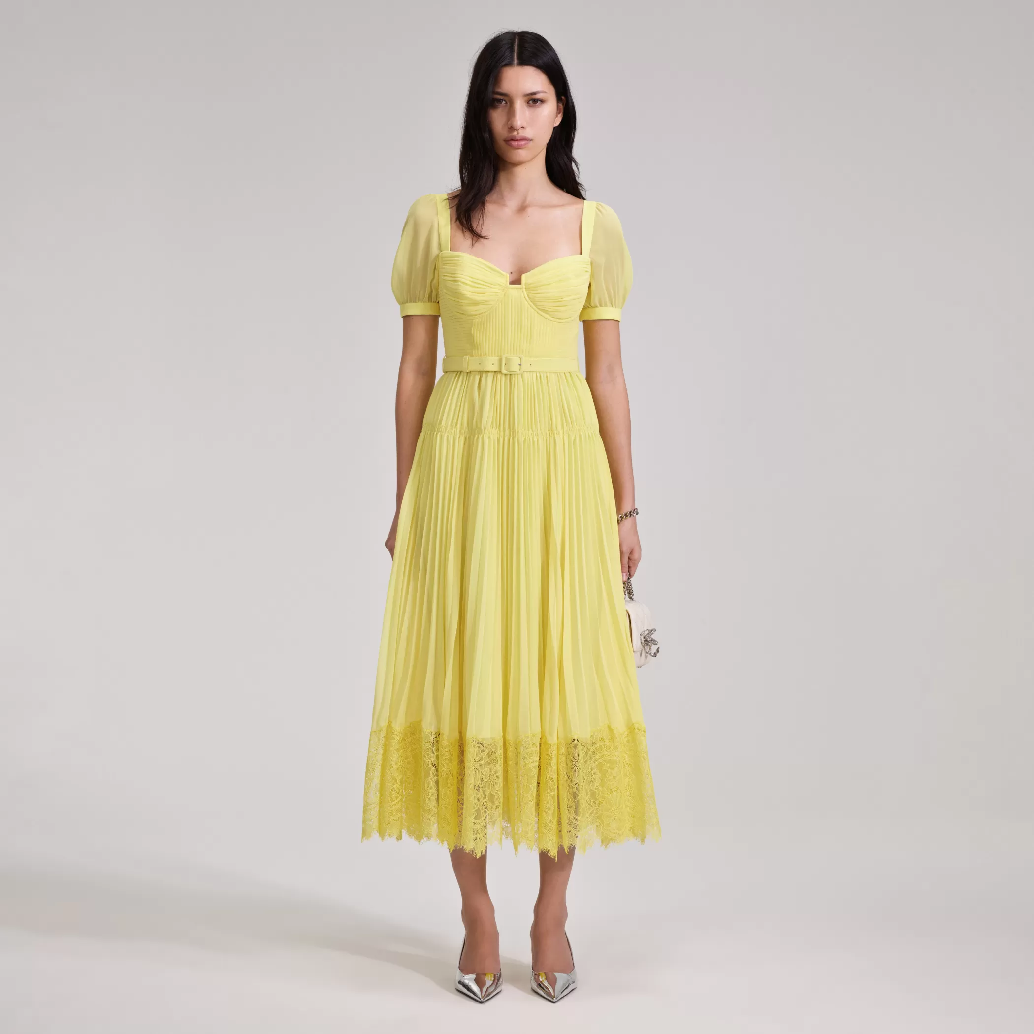 Self-Portrait > Yellow Chiffon Lace Detail Midi Dress