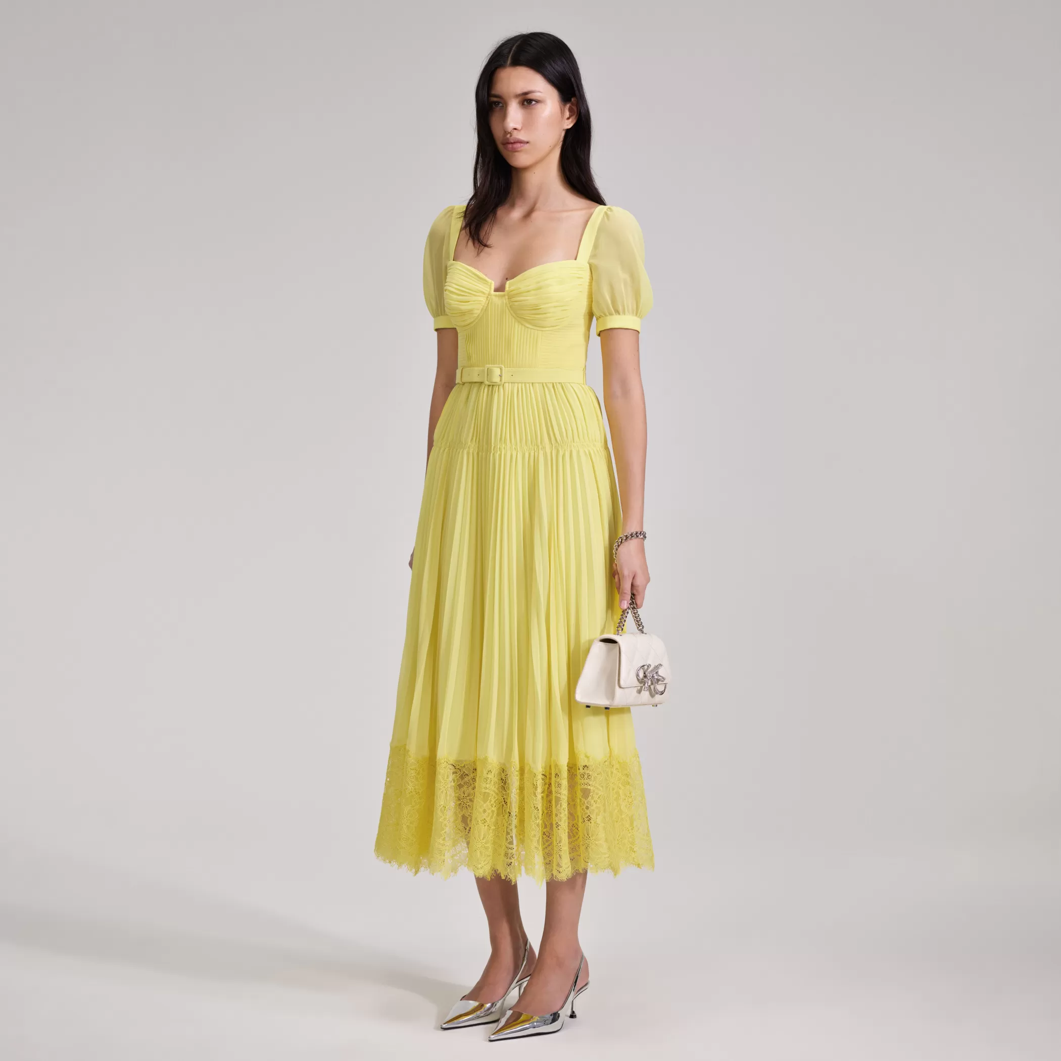 Self-Portrait > Yellow Chiffon Lace Detail Midi Dress