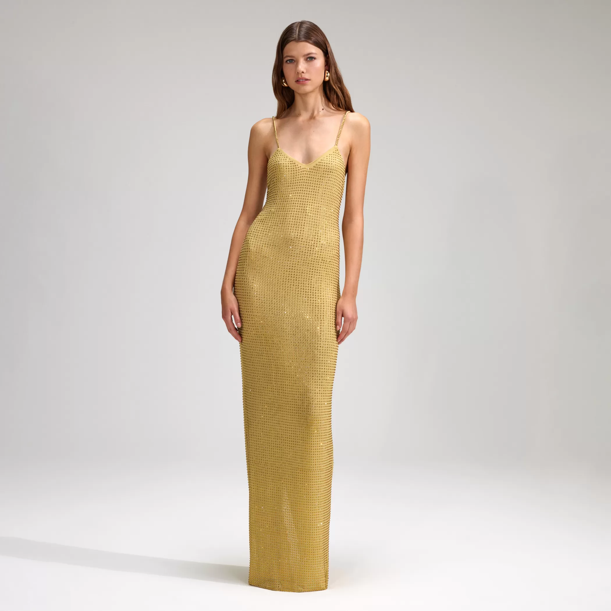 Self-Portrait > Yellow Rhinestone Mesh Maxi Dress