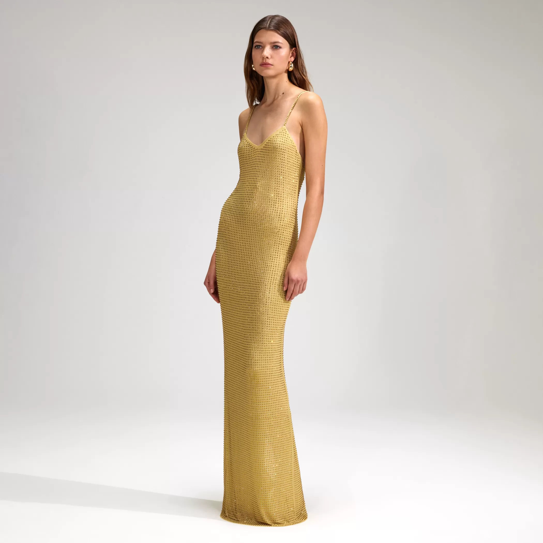 Self-Portrait > Yellow Rhinestone Mesh Maxi Dress