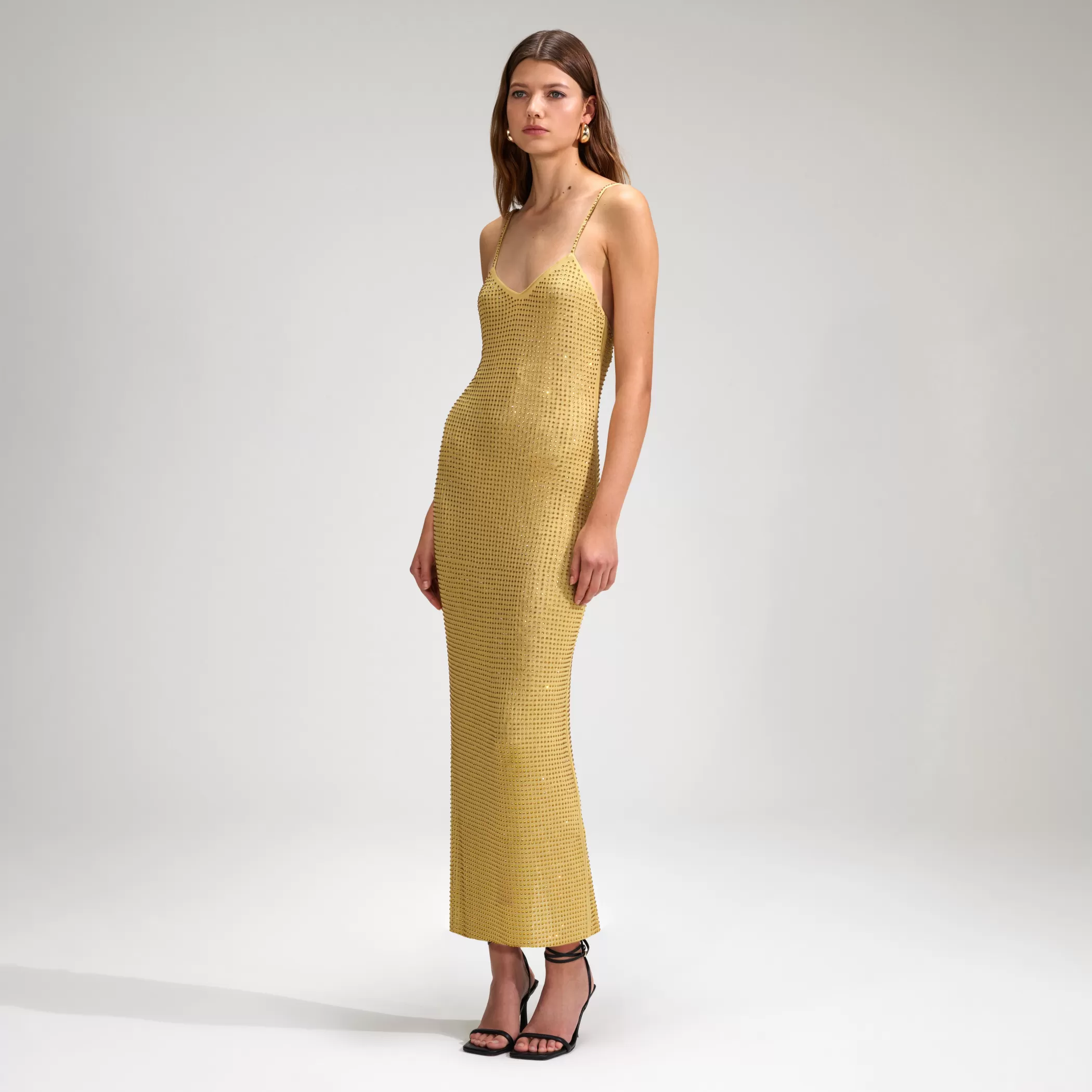 Self-Portrait > Yellow Rhinestone Mesh Midi Dress